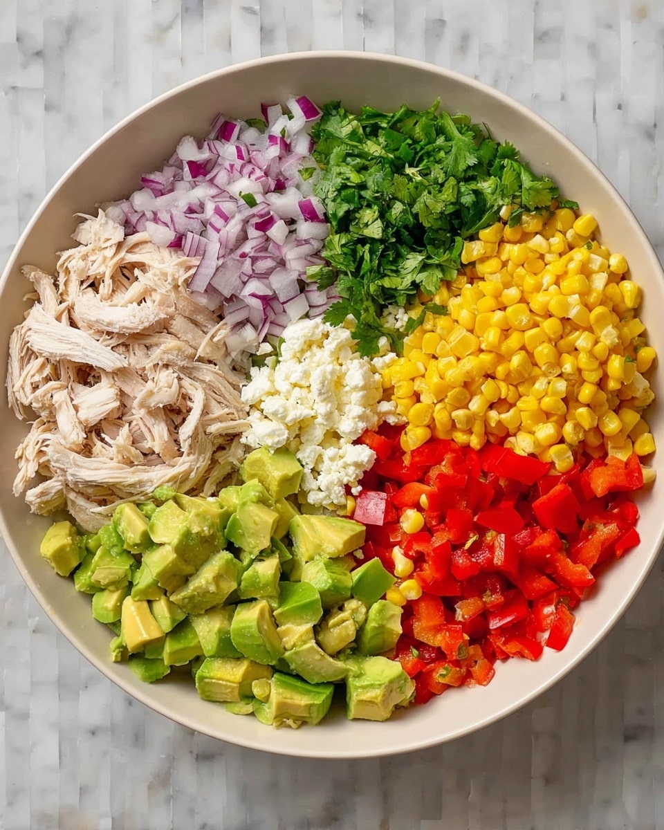 A white bowl with seven distinct layers arranged side by side in a circular pattern on a white marbled surface: shredded pale beige chicken on the far left, next finely chopped red onions in light purple tones, then fresh green cilantro, followed by bright yellow grilled corn kernels with slight char marks, next diced light green avocado pieces, bright red diced bell peppers, and finally a small portion of crumbly white cheese. Each layer is cleanly separated, showing a colorful, fresh mixture of ingredients photo taken with an iphone --ar 4:5 --v 7