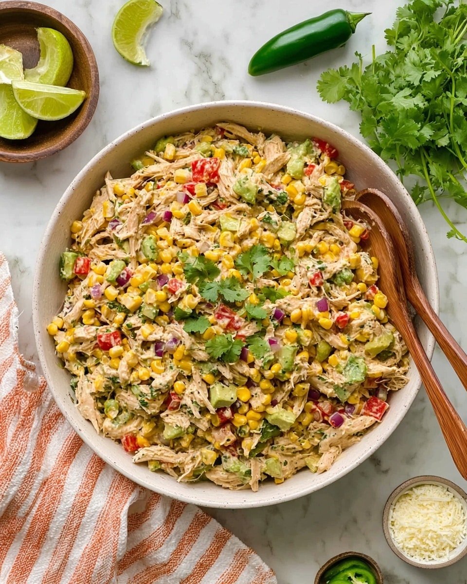 A large white bowl filled with a mix of shredded light brown chicken, yellow corn kernels, small red diced bell peppers, green avocado pieces, and bits of purple onion, all coated lightly in a creamy sauce. The salad is garnished with bright green cilantro leaves scattered on top. Two wooden spoons rest inside the bowl, one on the left side and the other on the right, touching the salad. The bowl sits on a white marbled surface with lime slices, a green jalapeño pepper, a small bowl of white cheese, and a white and orange striped cloth napkin around it. Photo taken with an iphone --ar 4:5 --v 7