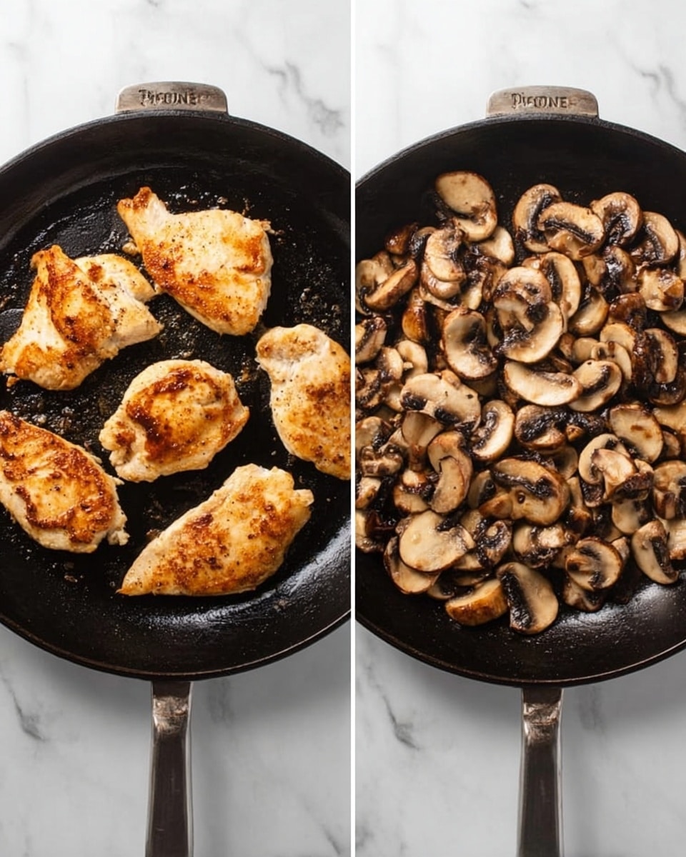 Two side-by-side images show a black cast iron pan on a white marbled surface. The left image has four golden brown cooked chicken pieces evenly spread out in the pan, showing a crispy texture and light sear marks. The right image shows the same pan filled with light to medium brown cooked mushroom slices spread over the pan’s surface with some darker seared spots on the mushrooms. The pan handle is visible at the bottom in both images, labeled with a brand name. photo taken with an iphone --ar 4:5 --v 7