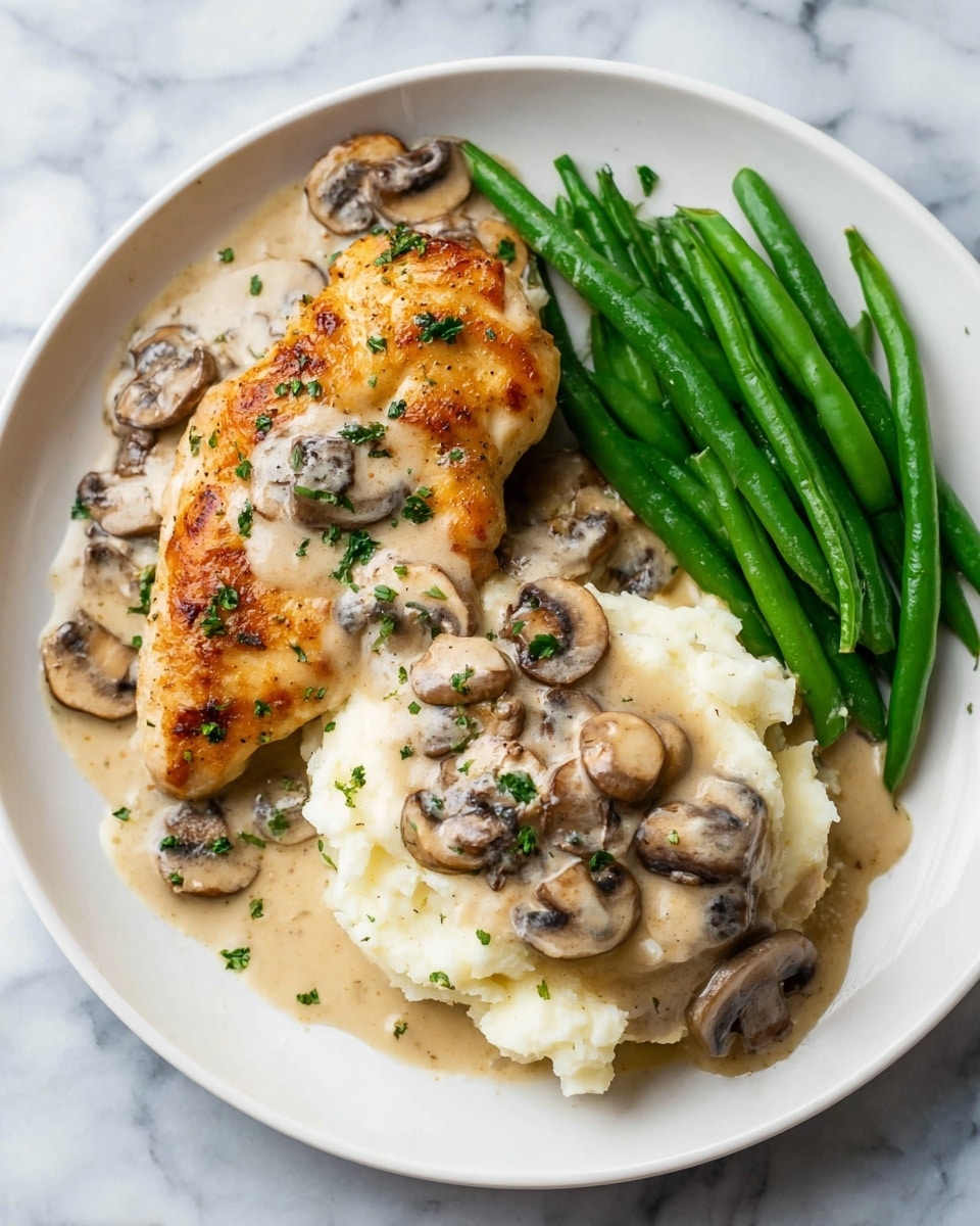 A white plate sits on a white marbled surface holding a dish with three main parts: on the left is a golden-brown cooked chicken piece topped with small green herb bits; surrounding and partly under the chicken is creamy light beige mushroom sauce with sliced brown mushrooms; on the upper right, there is a large serving of white mashed potatoes also topped with the same mushroom sauce and bits of herbs; along the bottom right edge of the plate, a neat row of bright green cooked green beans adds color contrast. photo taken with an iphone --ar 4:5 --v 7