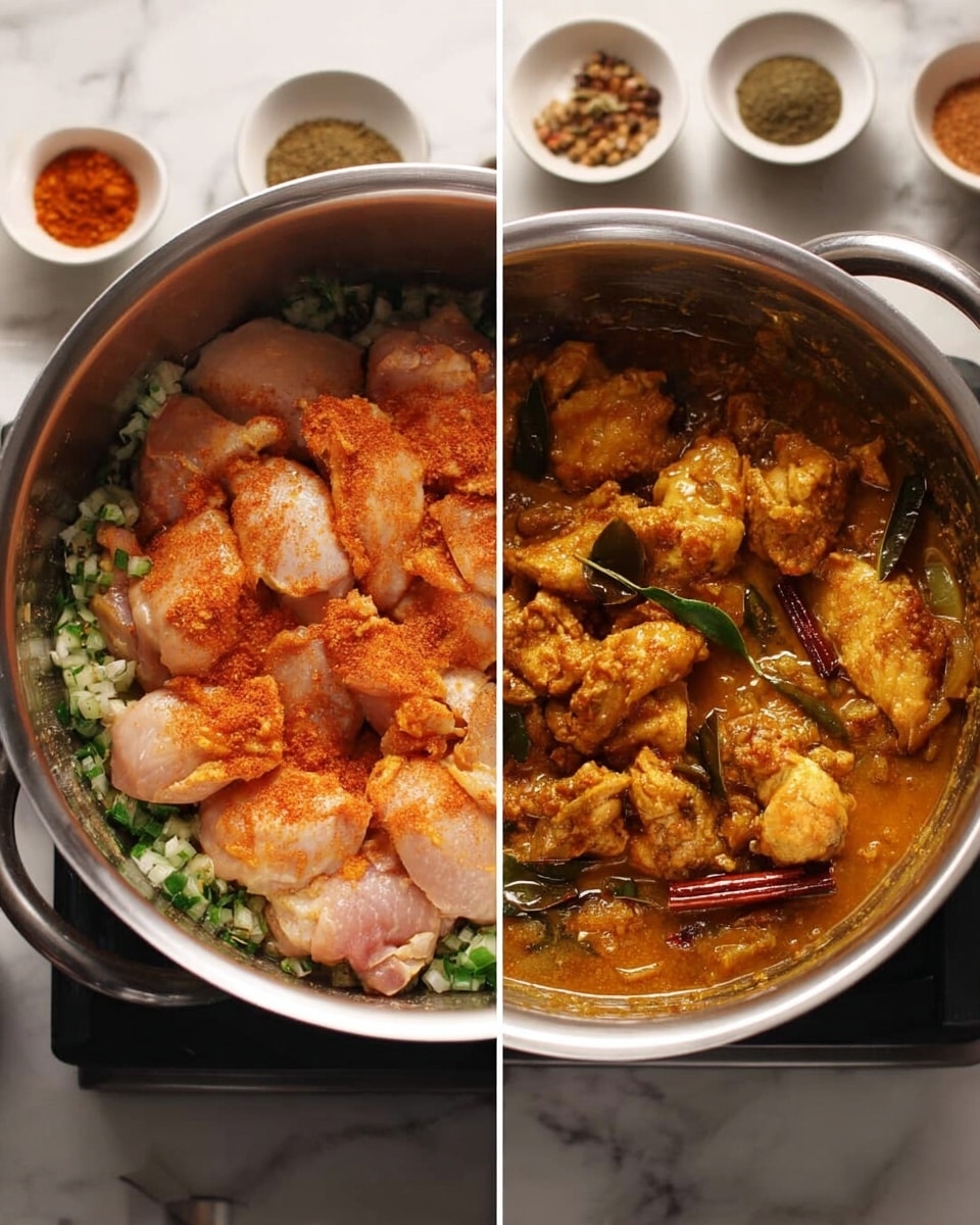 The image shows two stages of cooking chicken in a shiny steel pot on a stove with a white marbled surface below. On the left side, the pot is filled with raw chicken pieces that have a pale pink color with an orange-red seasoning layer on top, resting on a layer of chopped green herbs and onions visible at the bottom. Behind the pot, small white bowls with different spices and ingredients are arranged neatly. On the right side, the pot contains cooked chicken pieces with a golden brown color and a slightly crispy texture with visible whole spices like a cinnamon stick mixed in. The cooked chicken sits in a thick sauce with a warm, rich orange hue. photo taken with an iphone --ar 4:5 --v 7