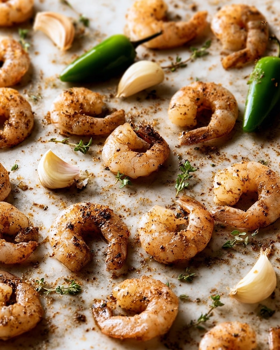 Raw shrimp are laid out evenly on a light brown baking sheet with a slight texture. Each shrimp is seasoned with dark brown spices and has a softly transparent light grayish-pink color with curved shapes. Among the shrimp, there are small green thyme sprigs scattered throughout and two whole green jalapeño peppers positioned on the sheet. Additionally, two garlic cloves, one fully wrapped and one partly peeled, are placed near the center and top left. The lighting highlights the shrimp's moist texture and seasoning detail. The background is a white marbled texture. Photo taken with an iphone --ar 4:5 --v 7