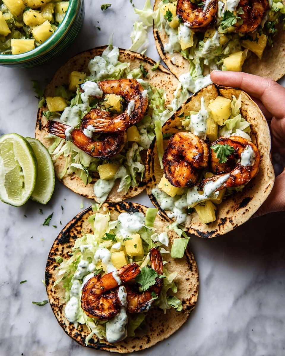 Three small tacos are placed on a white marbled surface, each taco made with lightly charred tortillas. The first layer inside the tacos is light green shredded lettuce, topped with small yellow pineapple chunks mixed with green herbs. On top of the pineapple are three grilled shrimp each, dark orange with char marks and garnished with small green cilantro leaves. White creamy sauce is drizzled over the shrimp and other layers. Around the tacos, there are lime wedges with some sprinkled green herbs. A woman's hand is holding and slightly lifting one taco from the right side. To the left of the tacos, there is a green bowl filled with more pineapple salsa. photo taken with an iphone --ar 4:5 --v 7