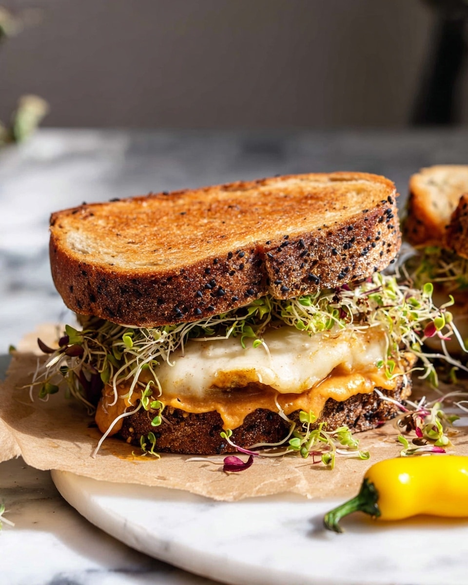 A sandwich with two thick toasted golden brown slices of bread on top, showing a crunchy texture with small black seeds. Below the bread, there is a layer of melted orange sauce oozing out, mixed with fresh bright green sprouts that add a delicate, leafy texture. Underneath, there is a juicy white grilled patty resting on a sheet of light brown paper. The sandwich is set on a round white plate placed on a white marbled surface. A small yellow pepper sits on the plate near the sandwich. Photo taken with an iphone --ar 4:5 --v 7