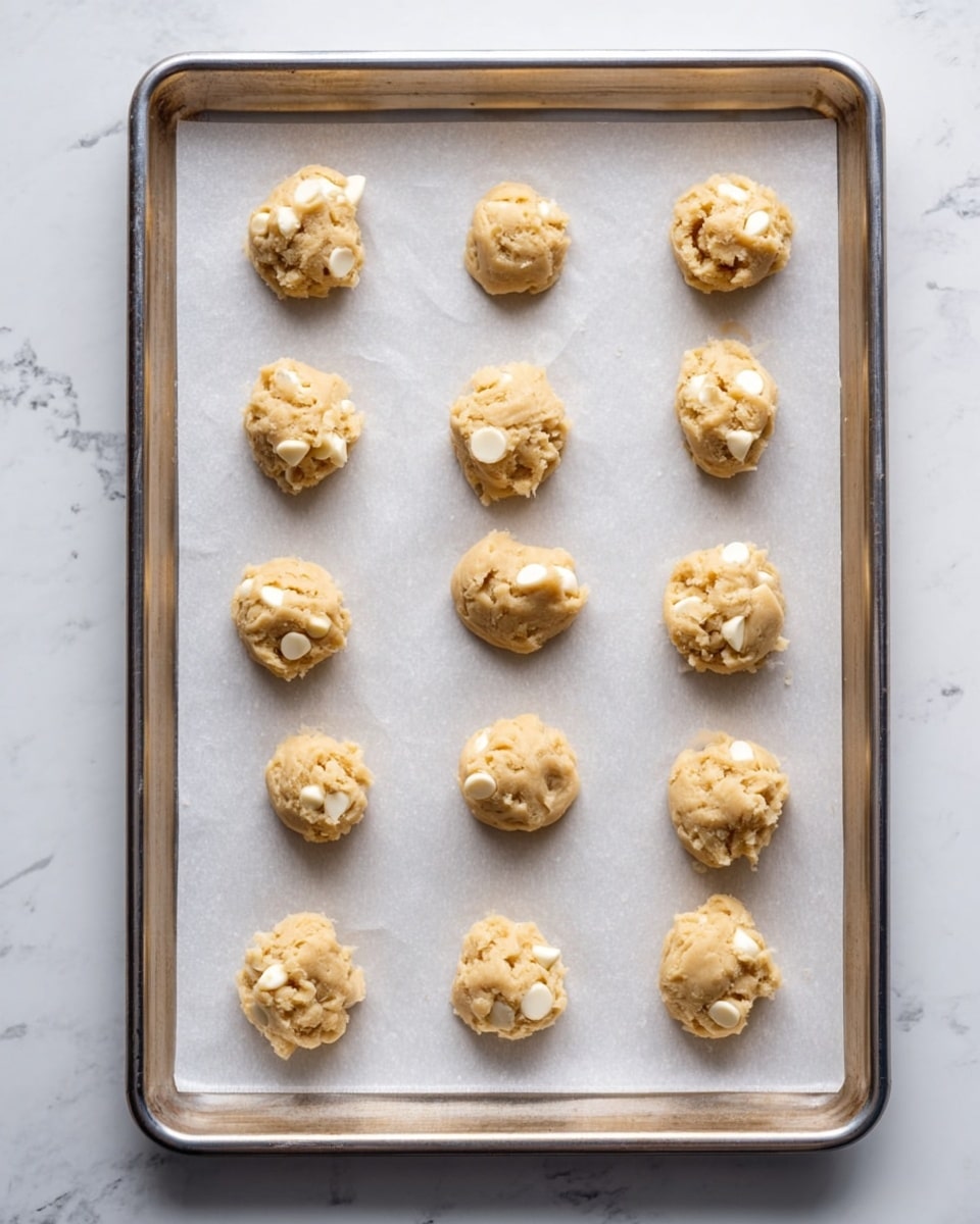 A metal baking tray lined with white parchment paper holds fifteen small, uneven scoops of cookie dough, arranged in three rows of five. Each dough scoop is light tan with visible chunks of white chips mixed in. The dough texture looks soft and slightly rough. The tray is set on a white marbled surface. photo taken with an iphone --ar 4:5 --v 7