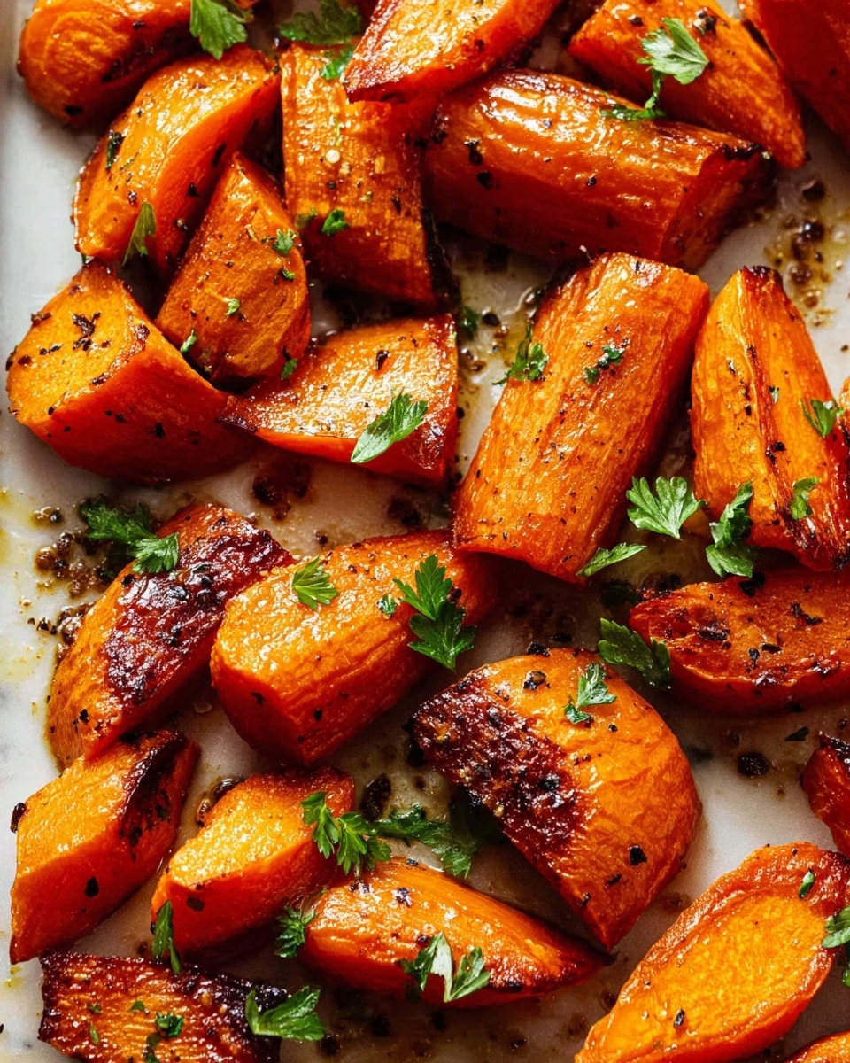 This image shows a close-up of many roasted carrot pieces with a glossy, slightly caramelized orange surface, speckled with small black pepper bits. The carrots are cut into thick, uneven chunks forming a layered pile with some pieces standing upright and others laying flat. Bright green chopped parsley leaves are scattered on top, adding a fresh contrast to the warm tones of the carrots. The background and surface are out of focus but have a white marbled texture. Photo taken with an iphone --ar 4:5 --v 7