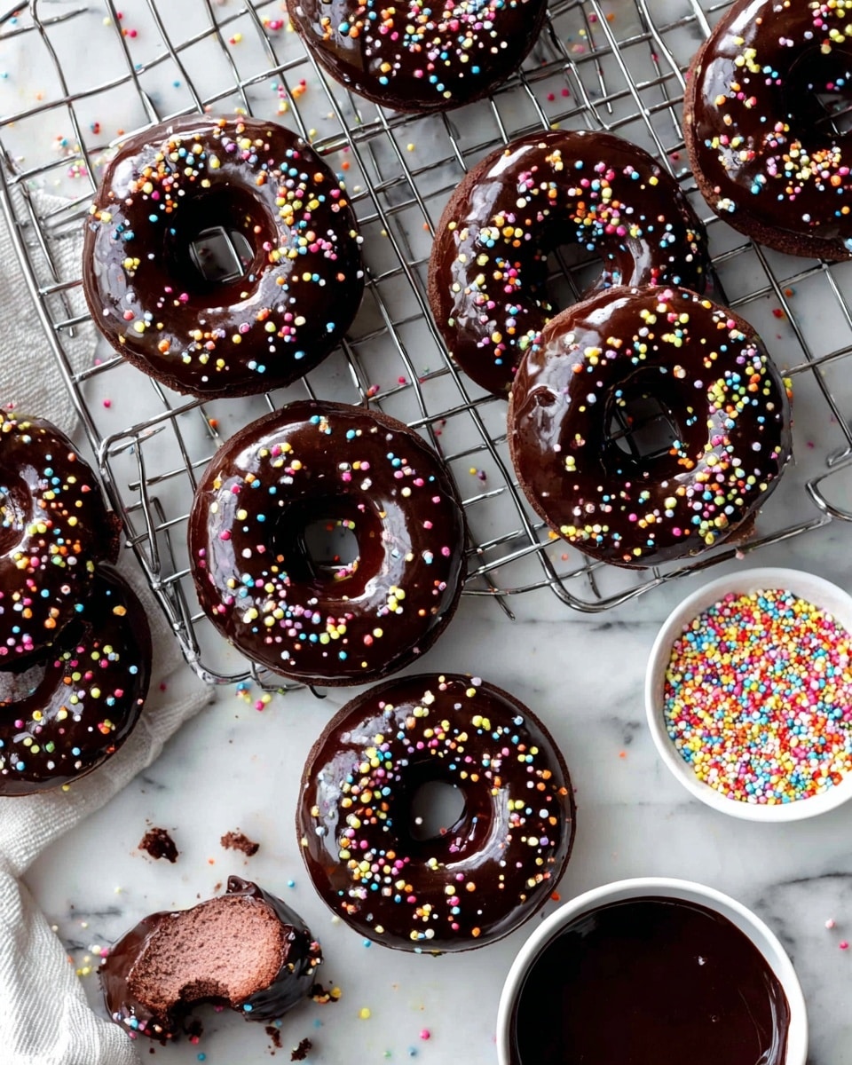 Several chocolate glazed donuts are arranged on a silver wire cooling rack and a white marbled surface. Each donut has a thick, shiny dark chocolate glaze layer on top, covered with small, colorful round sprinkles in red, yellow, blue, white, and green scattered evenly. The donuts have a soft, pink interior visible where one donut has a bite taken with crumbs beside it. Nearby, a white bowl filled with the same colorful sprinkles and a white bowl holding extra glossy chocolate glaze complement the scene. The setup is bright and clean, focused on the rich chocolate and vibrant sprinkles, photo taken with an iphone --ar 4:5 --v 7