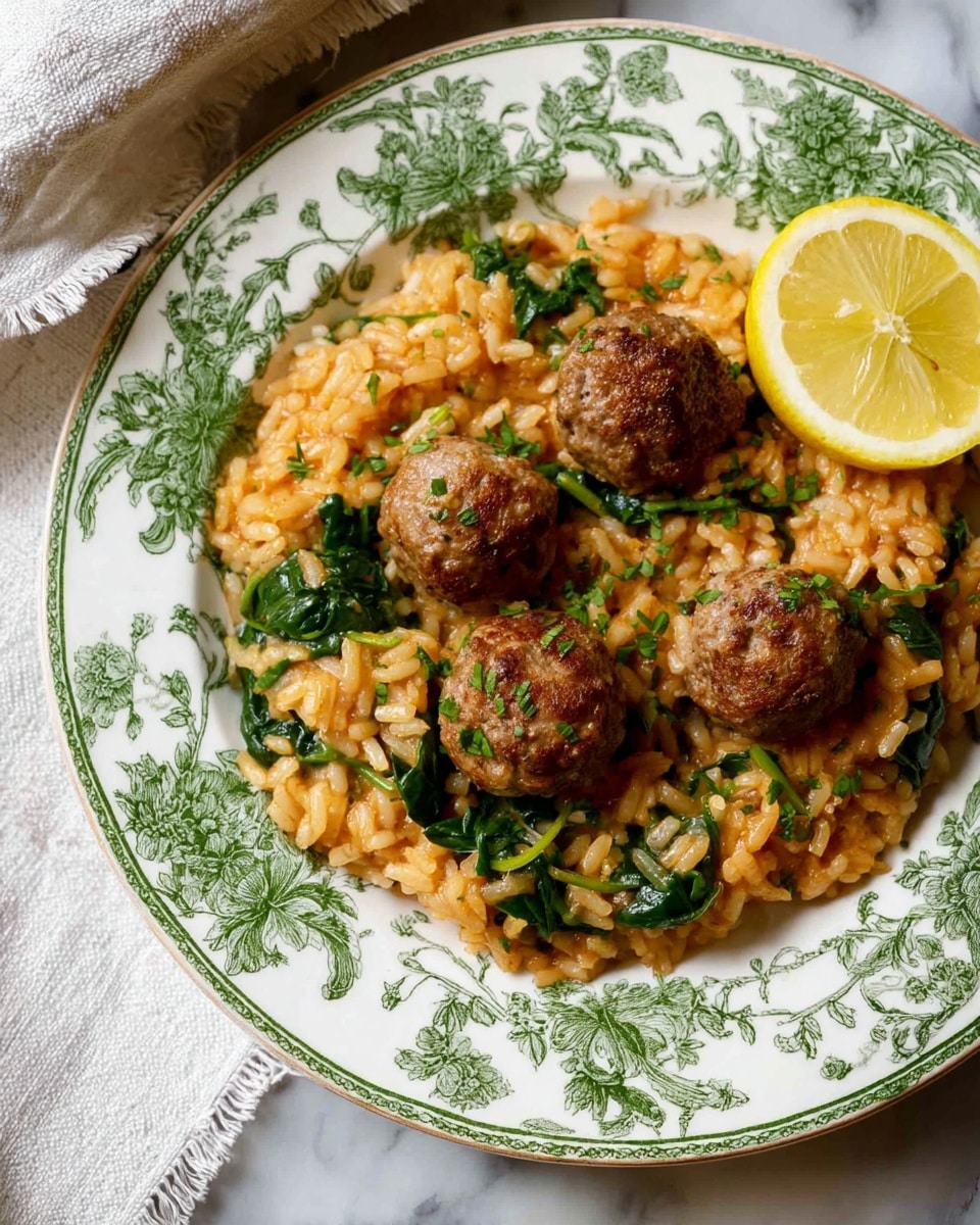 A white plate with green floral patterns holds a dish composed of a single layer of orange-colored risotto mixed with green spinach leaves scattered throughout. On top, four evenly spaced brown meatballs cover parts of the risotto. Near one edge of the plate, a thin, round slice of lemon adds a bright yellow contrast. The risotto looks creamy and textured, with bits of green herbs sprinkled lightly over the whole dish. The plate rests on a white marbled surface with part of a white cloth featuring small mustard stitches visible in the corner. photo taken with an iphone --ar 4:5 --v 7