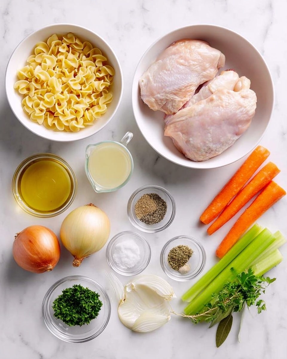 The image shows several ingredients arranged neatly on a white marbled surface. At the center, there are two raw light pink chicken pieces placed in a white bowl. To the left, a small white bowl holds yellow uncooked egg noodles with a round, textured shape. Above the noodles, a transparent measuring cup contains a pale yellow liquid, likely broth. Next to it, a small clear bowl is filled with golden olive oil. Below the chicken, there is a light brown onion and beside it, two garlic cloves in a small clear bowl. Three bright orange carrots and two green celery sticks are laid horizontally in the middle. Small clear bowls contain chopped green parsley, white salt, and several spices including black pepper, dried thyme, dried basil with a bay leaf. The overall look is clean and organized, with each ingredient clearly visible. photo taken with an iphone --ar 4:5 --v 7