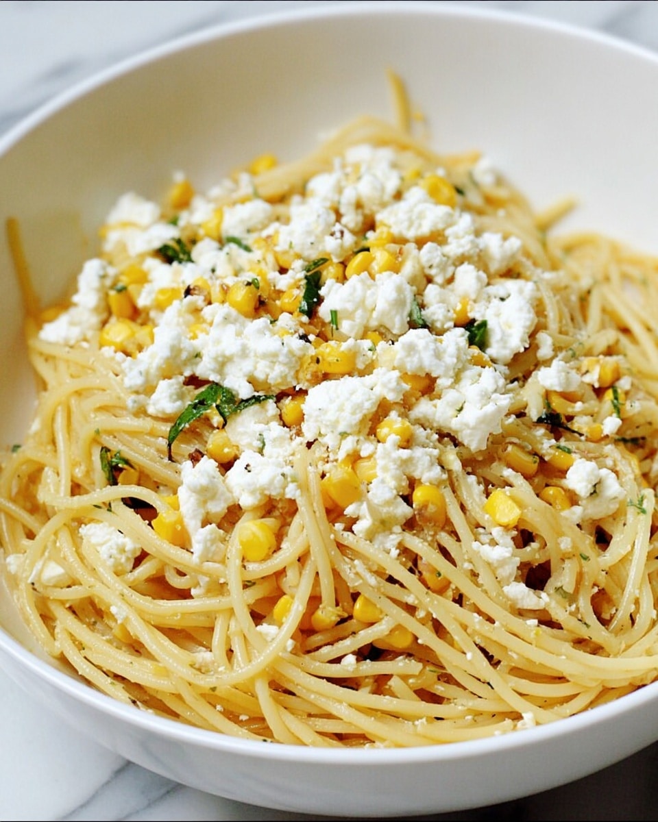A white bowl filled with two main layers: the bottom layer is long, thin yellowish spaghetti mixed with small bright yellow kernels of corn scattered throughout. On top is a layer of white, crumbly chunks of cheese with small hints of green herbs mixed in. The bowl sits on a white marbled surface. photo taken with an iphone --ar 4:5 --v 7