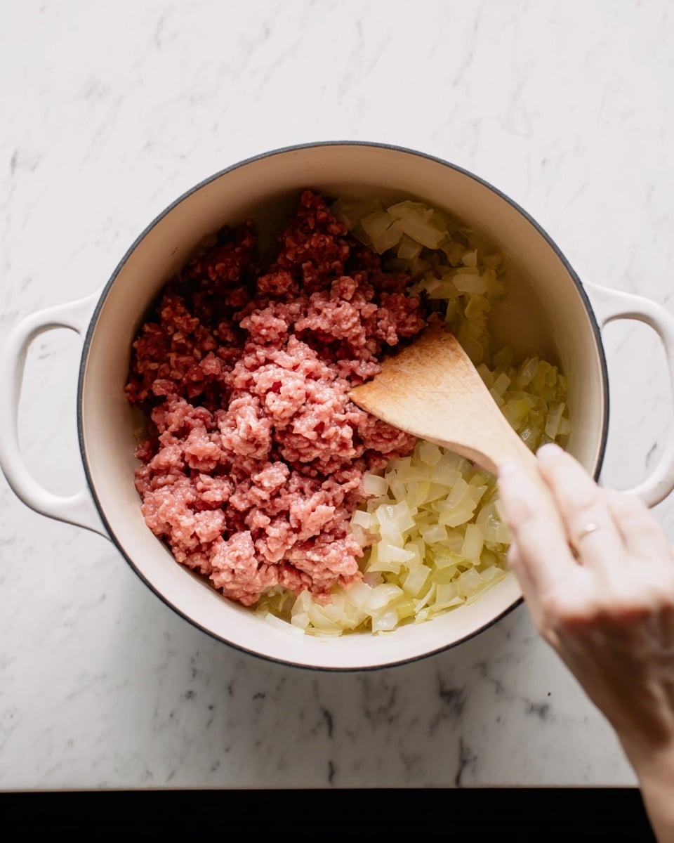 A top view shows a white pot placed on a white marbled surface. Inside the pot, there are two main layers: the bottom layer is made of small chopped onion pieces with a translucent, pale yellow color, while the top layer features raw ground meat with a pinkish-red color and a coarse texture. A woman's hand is holding a light wooden spatula, stirring the ingredients in the pot. The pot has two handles visible on each side. Photo taken with an iphone --ar 4:5 --v 7