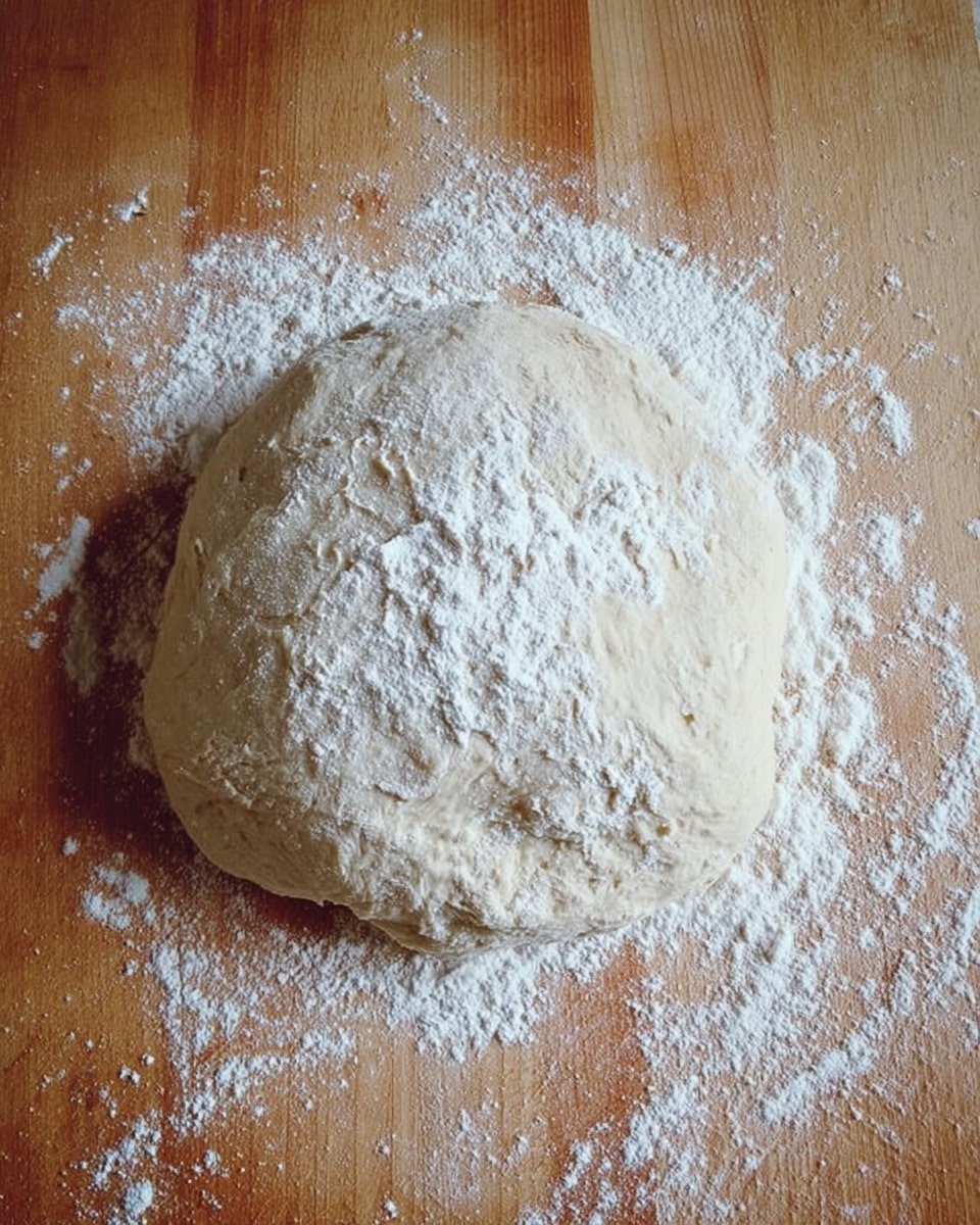 A mound of raw dough is placed on a wooden surface. The dough is light beige with a slightly rough texture and is dusted with white flour on top and around the edges. The shape of the dough is round but uneven, indicating it is fresh and soft. The wooden surface has a natural grain pattern and some scattered flour beside the dough. photo taken with an iphone --ar 4:5 --v 7