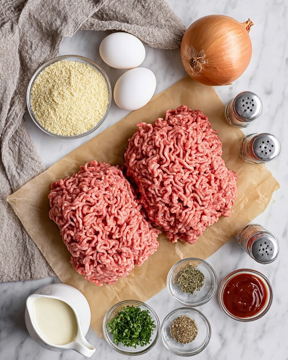 Two thick, textured piles of pink ground meat lie side by side on light brown parchment paper in the center of the image. To the upper left, two smooth, white eggs rest next to a folded soft grey towel. At the top right, a round brown onion sits on the parchment paper. Below the meat, a small clear glass bowl filled with light yellow breadcrumbs is on the left, while a small white pitcher with creamy milk is placed slightly in front. To the right, three small clear bowls are arranged in a row containing green chopped herbs, a blend of dried spices, and a deep red sauce. Behind the eggs and onion are two clear glass shakers with silver tops. The ingredients all sit on a white marbled surface, creating a clean and fresh background. Photo taken with an iphone --ar 4:5 --v 7