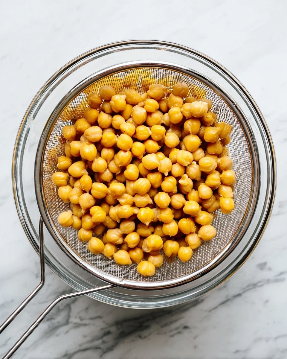 A metal round strainer holds a large pile of yellow chickpeas, showing their smooth, round shape and slightly glossy texture; it rests inside a clear glass bowl, all placed on a white marbled surface with subtle grey veins visible. The strainer has a fine mesh with a silver edge and a handle extending to the left side, while the bowl under it is barely visible from above, creating a simple, clean kitchen scene. Photo taken with an iphone --ar 4:5 --v 7