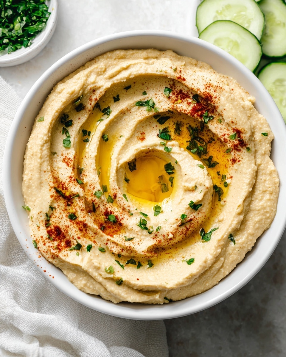 A white bowl filled with smooth yellow hummus, swirled with a shallow circular pattern showing creamy texture, topped with a drizzle of golden olive oil in the center and sprinkled with chopped green herbs and red paprika powder along the edges. In the background, there is a white plate holding several thin green cucumber slices, and a small white bowl filled with more red paprika powder beside it. In the foreground, a small white bowl contains chopped green herbs. The setup is on a white marbled surface with a soft white cloth slightly visible at the bottom left corner. photo taken with an iphone --ar 4:5 --v 7