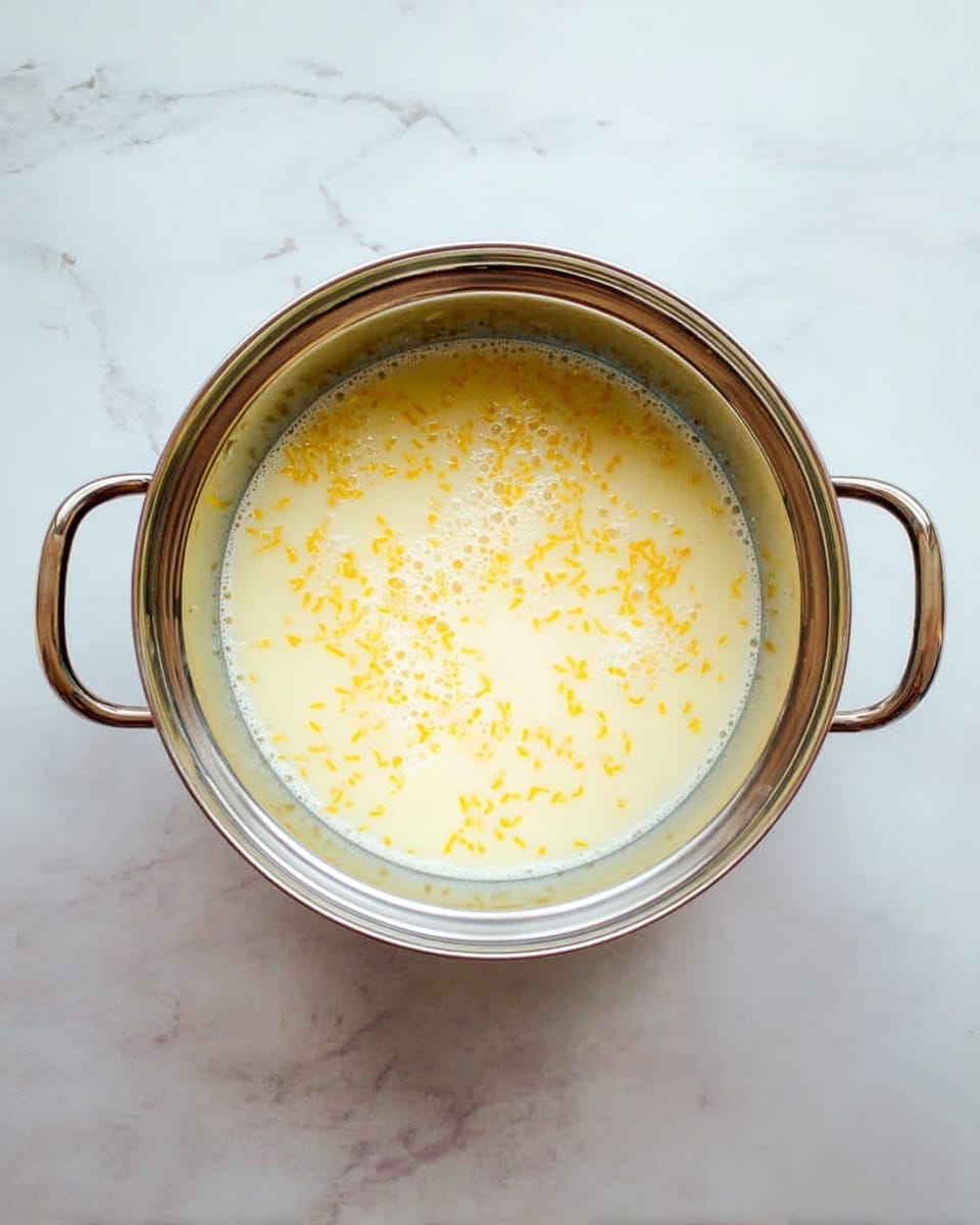 A metal pot with two handles sits on a white marbled surface. Inside the pot is a pale yellow liquid with small yellow pieces floating evenly throughout the top layer. The surface of the liquid is smooth with a few small bubbles near the edges. The pot has a shiny, reflective finish. Photo taken with an iphone --ar 4:5 --v 7