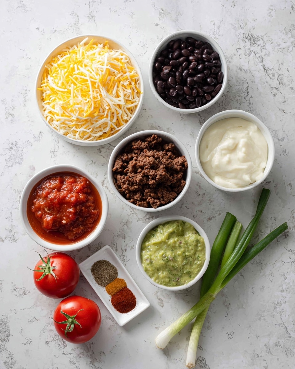 The image shows several small white bowls arranged on a white marbled surface, each holding different ingredients. There is a bowl with shredded yellow and white cheese, a bowl with whole black beans, a bowl with a chunky red salsa, a bowl with a thick white sauce, a bowl with a smooth green sauce, and a bowl with cooked, crumbled ground meat. Alongside the bowls, there are two whole red tomatoes with green stems and three green onion stalks. Nearby, a small white dish holds two piles of spices, one dark red and the other light brown. The arrangement is neat and all items are clearly visible, shown from above in natural light. Photo taken with an iphone --ar 4:5 --v 7