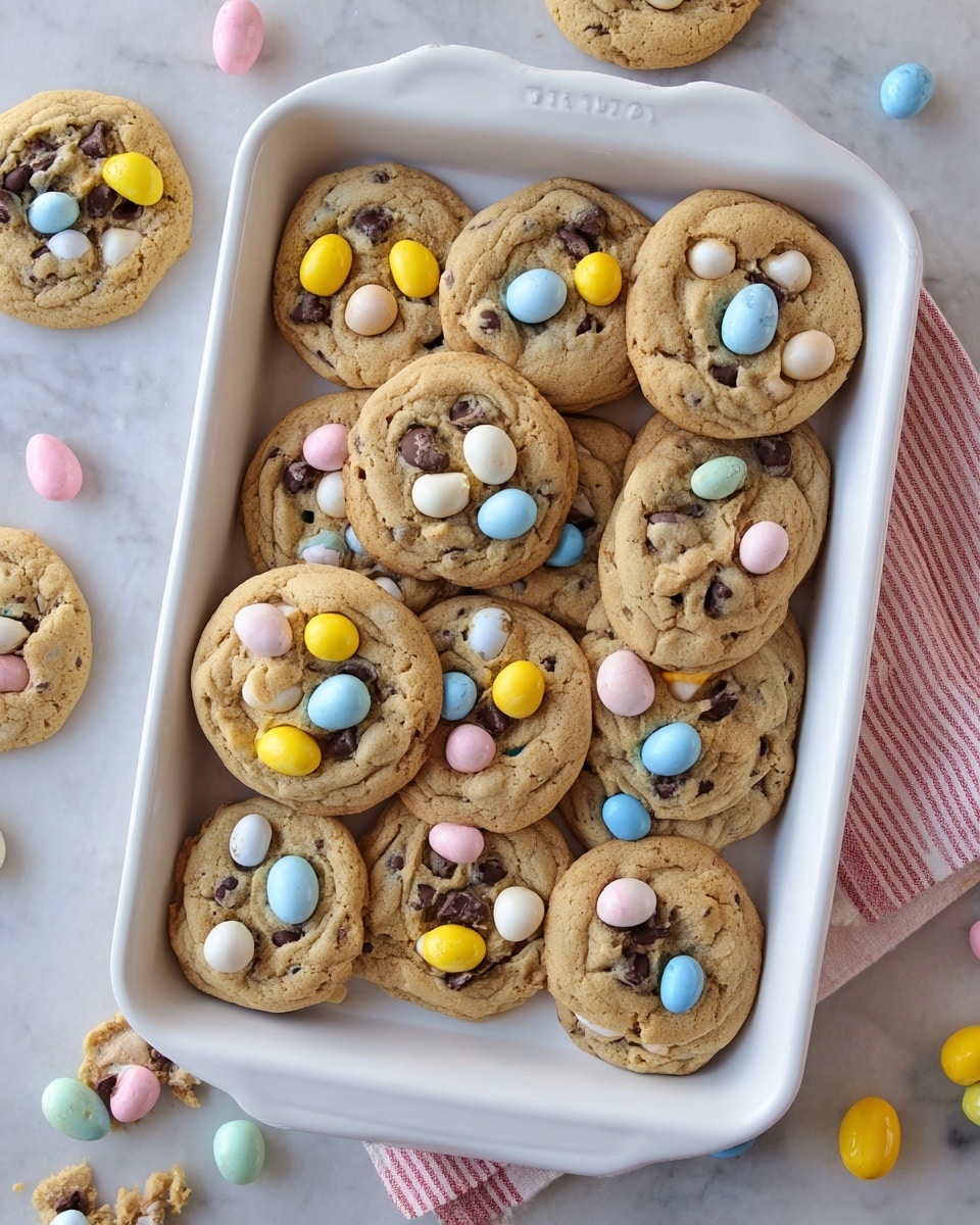 The image shows a white rectangular baking tray filled with round cookies made from a light brown dough that is soft and slightly cracked on top. Each cookie has colorful candy-coated chocolate eggs in pastel shades of blue, yellow, white, and pink scattered on top and embedded in the dough. Dark brown chocolate chips are also mixed throughout the cookies, adding texture and contrast. Around the tray, a few candy eggs are placed on a white marbled surface, and some cookies lie outside the tray as well. The scene is bright and inviting, with a hint of a pink-striped cloth underneath the tray photo taken with an iphone --ar 4:5 --v 7