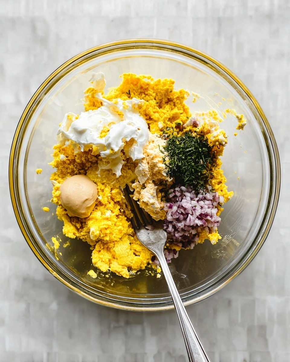 A clear glass bowl sits on a white marbled surface, containing a layered mixture: a base of bright yellow crumbled yolk, topped with dollops of white creamy mayo and a small scoop of pale brown mustard on one side. On another side, finely chopped light purple shallots and a small bunch of finely chopped dark green herbs are arranged. A silver fork rests inside the bowl, with its handle pointing downwards. photo taken with an iphone --ar 4:5 --v 7