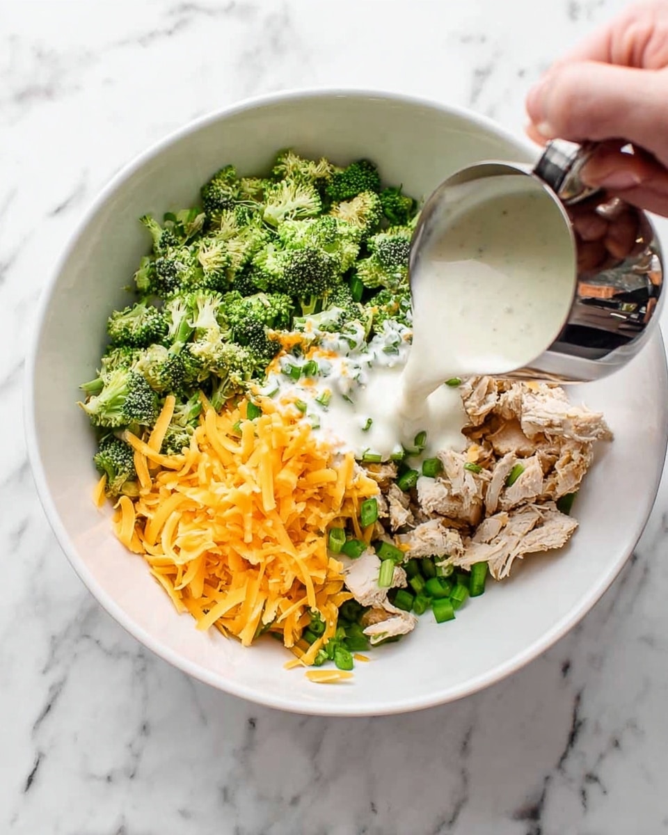 A white bowl sits on a white marbled surface filled with chopped broccoli in the top half, shredded orange cheddar cheese in the bottom left, small green onion slices in the middle, and small pieces of cooked chicken on the right. A woman's hand is pouring a creamy white ranch dressing over the ingredients from a small silver measuring cup, drizzling it in different spots across the bowl. The colors are bright and fresh, with a mix of green, orange, and light brown against the white bowl and background. photo taken with an iphone --ar 4:5 --v 7