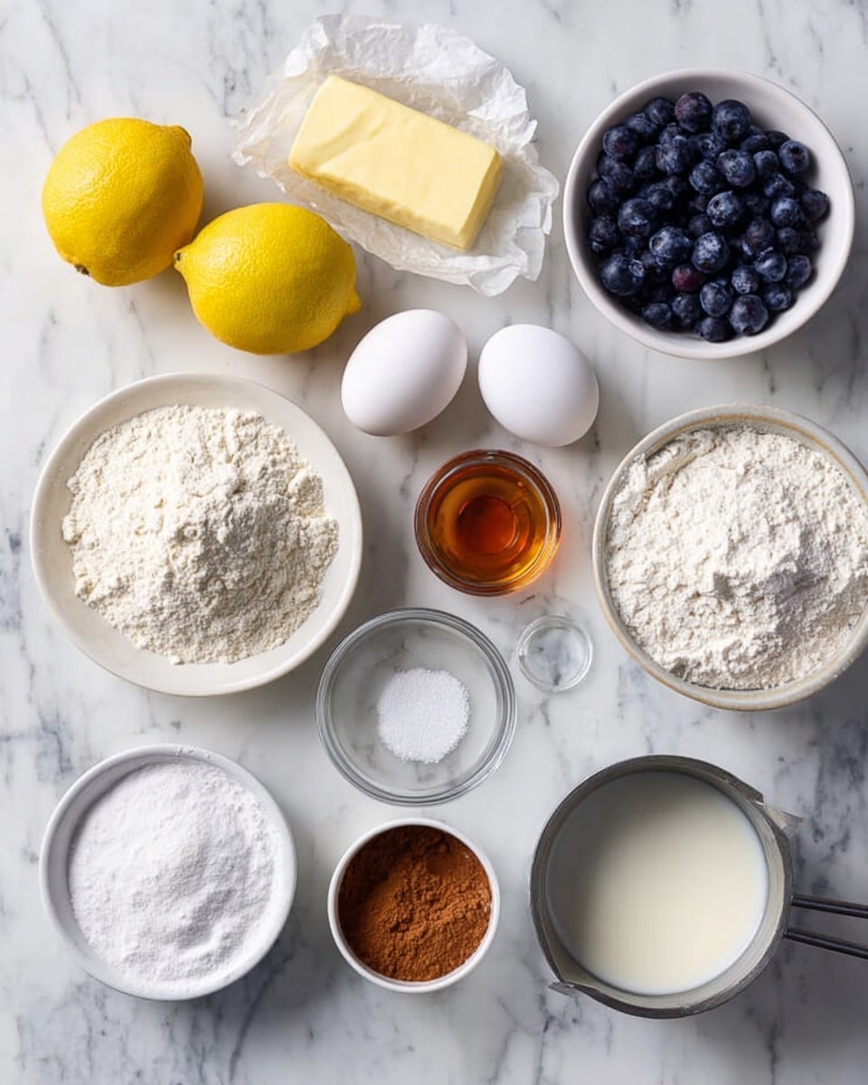 The image shows various baking ingredients arranged separately on a white marbled surface. There are two whole bright yellow lemons near the center, two white eggs slightly to their left, and a small stick of butter wrapped in paper above the eggs. Around these are several white bowls and glass bowls: one bowl filled with white flour, one with powdered sugar, another with fresh dark blueberries, a small glass bowl with a light amber liquid, another small bowl with white baking powder, and a tiny bowl with brown cinnamon powder. A metal cup holds white granulated sugar, and there is a metal measuring cup filled with a clear liquid and a metal cup with a white creamy ingredient. The overall setting is bright and clean, arranged neatly and ready for baking preparation. Photo taken with an iphone --ar 4:5 --v 7