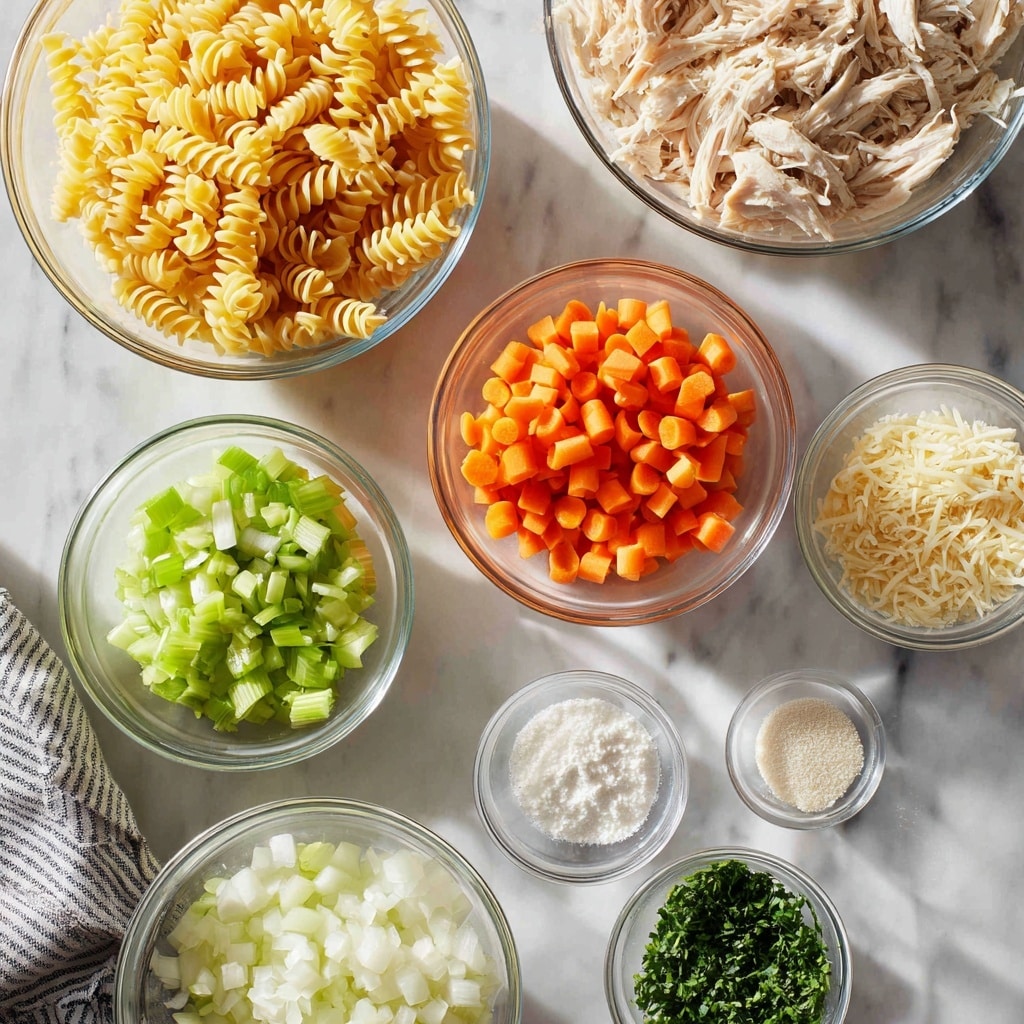 The image shows nine clear glass bowls arranged on a white marbled surface. In the back row, from left to right, there is a bowl filled with uncooked yellow noodles, a larger bowl with shredded light beige chicken, and a bowl with thick orange carrot slices. The middle row features a bowl with bright green celery pieces on the left, a bowl with white chopped onions in the middle, and two smaller bowls, one with a white powder and another empty or with translucent content, on the right. In the front row, a very small bowl with finely chopped green herbs is seen on the far right. The lighting is soft and natural, and part of a woman's hand holding a gray and white striped cloth is visible on the left edge. Photo taken with an iphone --ar 4:5 --v 7