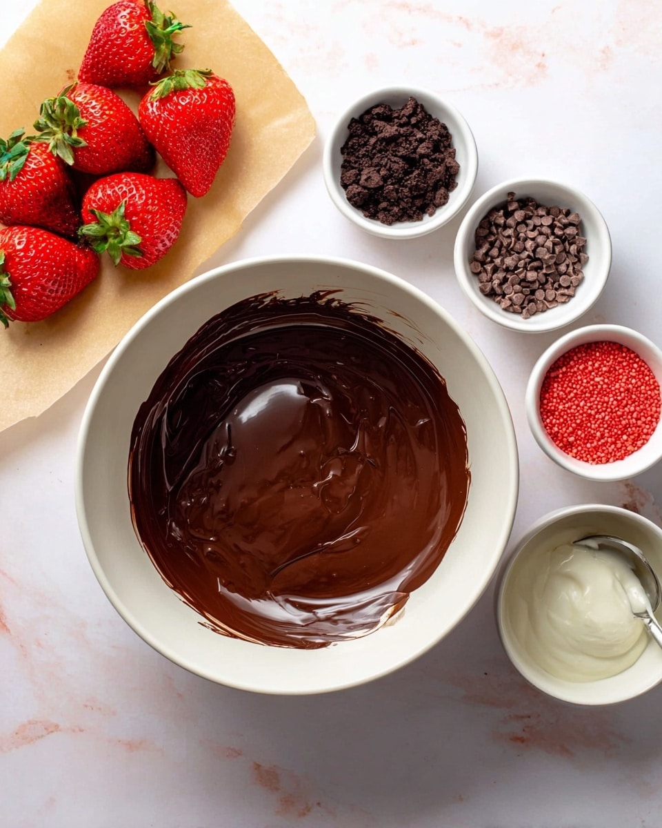 The image shows a white bowl in the center filled with smooth, shiny dark melted chocolate, with some chocolate smeared around the edges inside the bowl. To the left, there are five fresh red strawberries with green leaves resting on parchment paper over a white marbled surface. On the right side, there are four small white bowls arranged in a rough square shape; the top bowl contains dark crumbly pieces, the right bowl has small red sprinkles, the bottom bowl has small chocolate sprinkles, and the bottom left bowl holds a thick white creamy substance with a spoon inside. The setup is clean and bright with a white marbled background. photo taken with an iphone --ar 4:5 --v 7