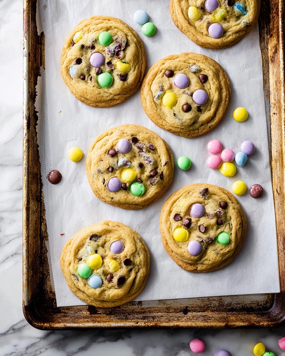 The image shows six round cookies placed on a baking sheet covered with white parchment paper. The cookies have a golden-brown color and are studded with both small chocolate chips and colorful candy-coated chocolate pieces in pastel colors like yellow, green, purple, pink, and blue. Some more chocolate chips and candy pieces are scattered around the cookies on the parchment paper. The baking sheet has a rustic look with signs of wear. The background surface is a white marbled texture. Photo taken with an iphone --ar 4:5 --v 7