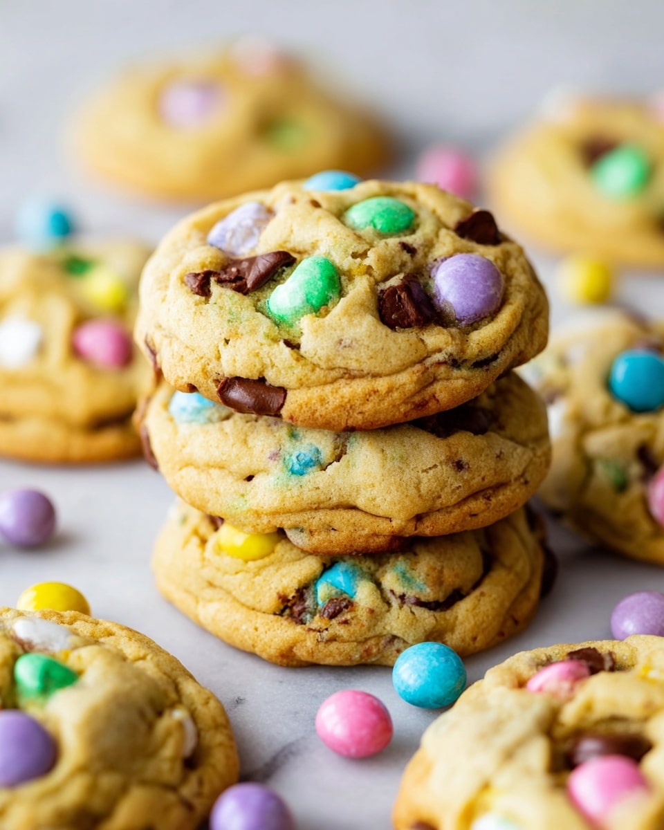 A white plate holds a stack of five thick cookies, each showing a golden brown color with a soft, slightly crinkled texture. The cookies are studded with melted dark brown chocolate chunks and scattered pastel-colored candy-coated chocolates in pink, yellow, green, blue, and purple. Some of the candy pieces rest on top while others are partly embedded in the cookie dough. A few loose candy pieces and chocolate chips are placed around the plate on a white marbled surface, giving the scene a cozy and inviting look. Photo taken with an iphone --ar 4:5 --v 7
