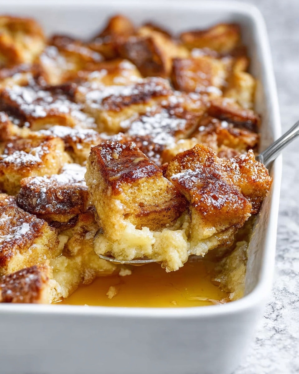 The image shows a white baking dish filled with a bread pudding. The pudding is made up of many chunky bread pieces that are golden brown on top with darker, caramelized edges and a light dusting of powdered sugar. The middle layer is soft and creamy with a slightly yellow color, showing the soaked bread texture. A spoon is scooping out a portion from the bottom right corner, revealing the mix of soft bread and syrupy liquid pooling around the dessert. The background surface is a white marbled texture. photo taken with an iphone --ar 4:5 --v 7