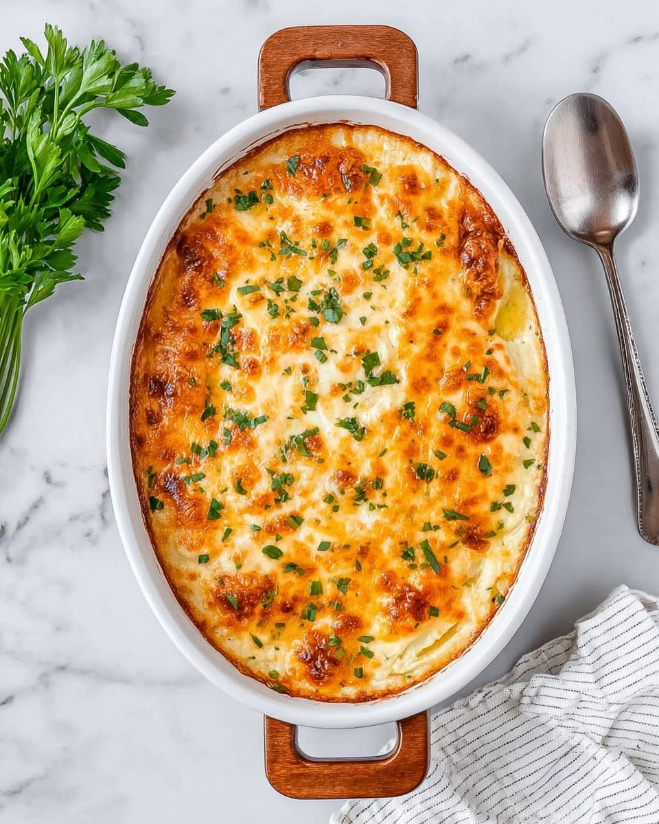 An oval white baking dish with wooden handles holds a layered baked dish. The top layer is golden brown melted cheese, slightly browned in spots with small bubbles and sprinkled with chopped green herbs for a fresh touch. Below the cheese, soft creamy layers are visible around the edges, likely made of potatoes or a similar ingredient with a rich and smooth texture. The dish sits on a white marbled surface with a silver spoon to the top right and a white striped cloth to the bottom right. A small bunch of fresh parsley decorates the bottom left of the frame. Photo taken with an iphone --ar 4:5 --v 7