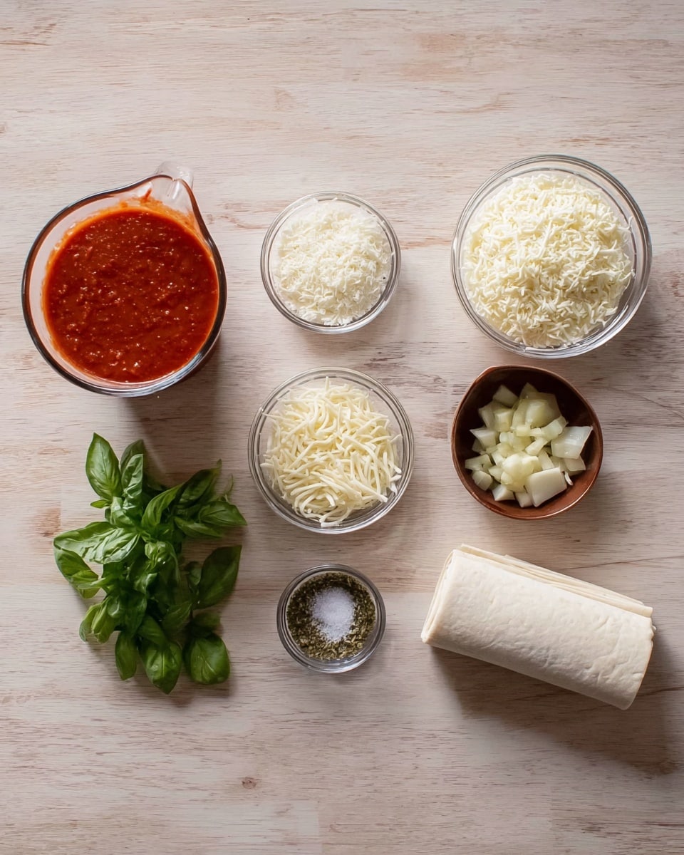A white marbled surface holds eight items neatly arranged in two rows. On the left, there is a clear glass jug filled with bright red tomato sauce. Next to it, a clear glass bowl contains grated parmesan cheese with a pale, crumbly texture. Beside that, a small bunch of fresh green basil leaves lies flat. Another clear glass bowl nearby holds shredded mozzarella cheese, showing soft, thin white strands. Moving right, a small brown bowl contains diced garlic, pale yellow and finely chopped. A small white bowl with dried green herbs sits next to it, followed by a tiny clear glass bowl with white salt and a sprinkle of black pepper inside. On the far right, a woman’s hand gently holds a pack of rolled white dough. The whole setup is bright and evenly lit, photo taken with an iphone --ar 4:5 --v 7