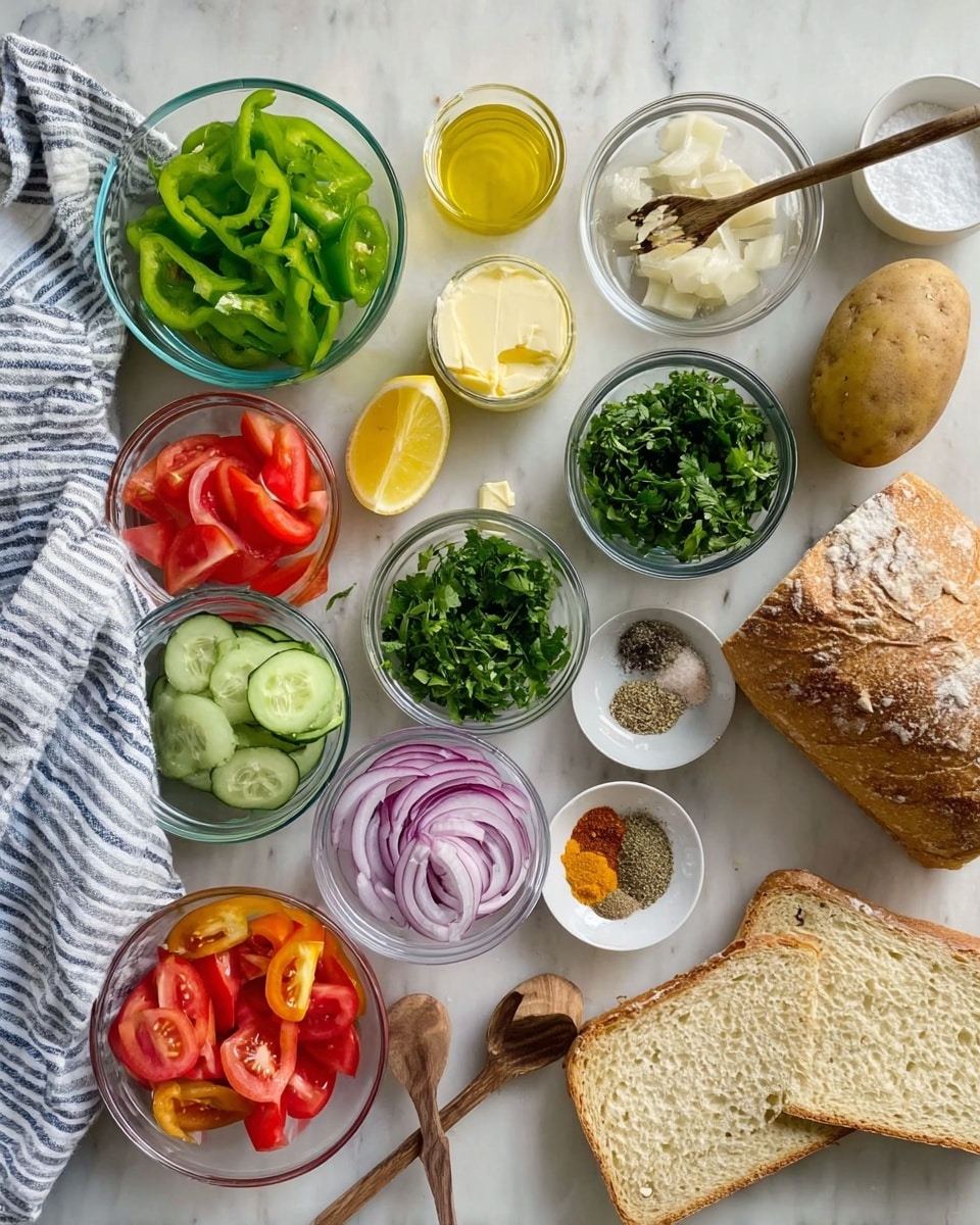 The image shows a flat white marbled surface with many small clear glass bowls arranged neatly in rows. The bowls hold different fresh ingredients: bright green sliced bell peppers, bright green chopped jalapeño, dark green fresh parsley, medium green fresh mint leaves, vibrant red sliced tomatoes, thinly sliced light green cucumber, thin red onion slices, a small yellow lemon half, a small piece of light yellow butter, a small clove of garlic, a small pile of brownish spice powder, a small amount of light yellow oil, a peeled clove of garlic, a medium-sized brown potato, and two slices of toasted white bread on the right side. There are also coarse black pepper and pink salt in small white bowls with wooden spoons nearby. A white and blue striped cloth is tucked on the left side. Photo taken with an iphone --ar 4:5 --v 7