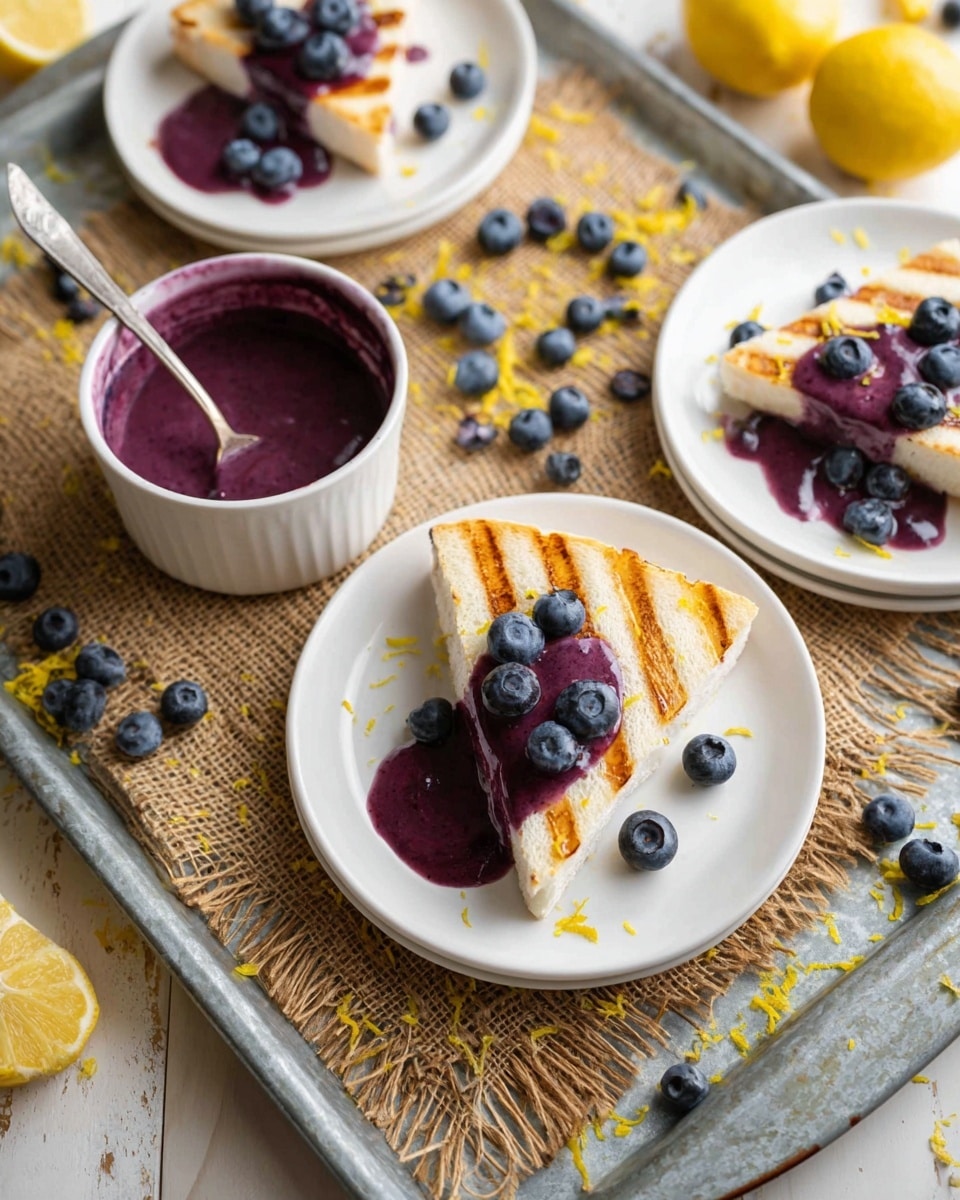 The image shows three white plates each holding two triangular slices of grilled white bread with light brown grill marks. The bread slices are covered with a thick purple sauce that pools under them. Around and on top of the bread pieces are several fresh blueberries, adding dark blue pops of color. The plates are placed on a light brown woven mat on a large gray metal tray with a white marbled background. Near the plates is a white bowl filled with more purple sauce and a spoon resting inside it. There are small yellow lemon zest sprinkles scattered over the plates and around the tray, with whole lemons visible in the background. photo taken with an iphone --ar 4:5 --v 7