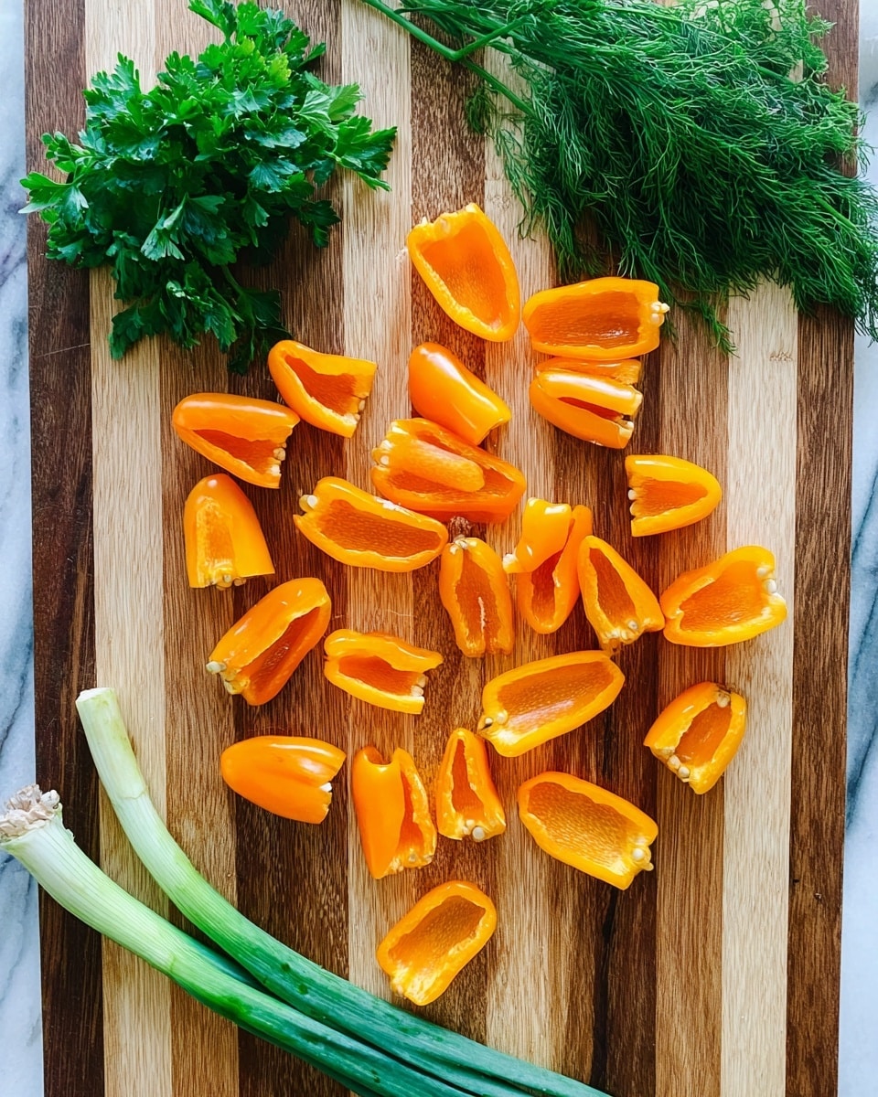 The image shows a wooden cutting board with many orange mini bell pepper halves scattered across it. The peppers are all bright orange with smooth, shiny skin and hollowed-out interiors, showing some light yellow seeds inside. On the left side near the top, there is a small bunch of fresh parsley with bright green leaves. At the bottom of the board, two fresh green onions with white bases and long green stalks lay horizontally. On the right side, near the top, there is a bunch of fresh dill with fine green leaves. The cutting board has alternating light and dark wood stripes, and the background is a white marbled texture. photo taken with an iphone --ar 4:5 --v 7