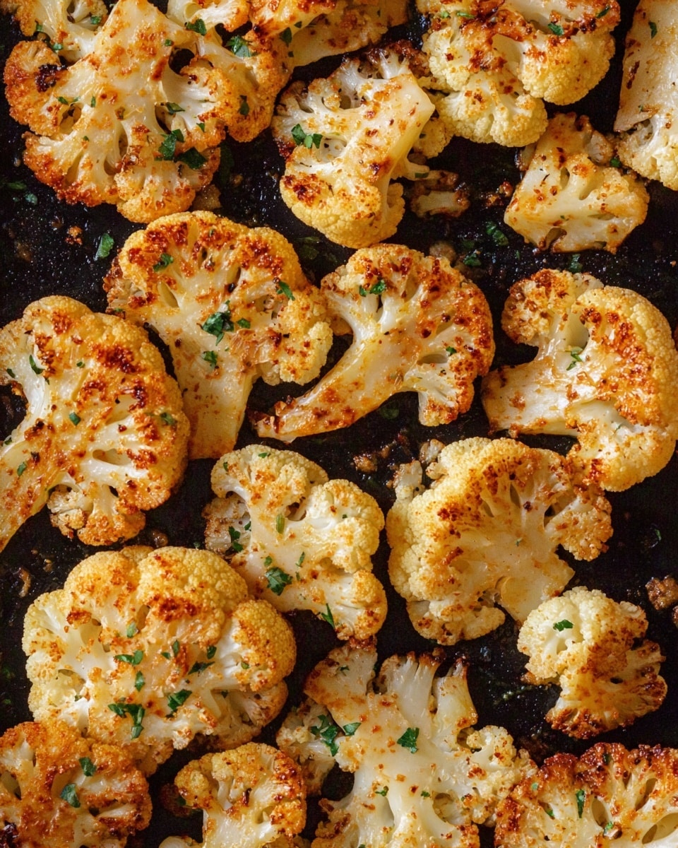 The image shows several pieces of roasted cauliflower arranged closely together. Each piece has a white base with orange and golden brown edges, showing a light crispy texture with some dark specks of seasoning spread unevenly. The cauliflower florets have a firm, slightly charred look with visible small green herb bits on some parts. The background is a white marbled surface that contrasts with the warm tones of the roasted cauliflower. photo taken with an iphone --ar 4:5 --v 7