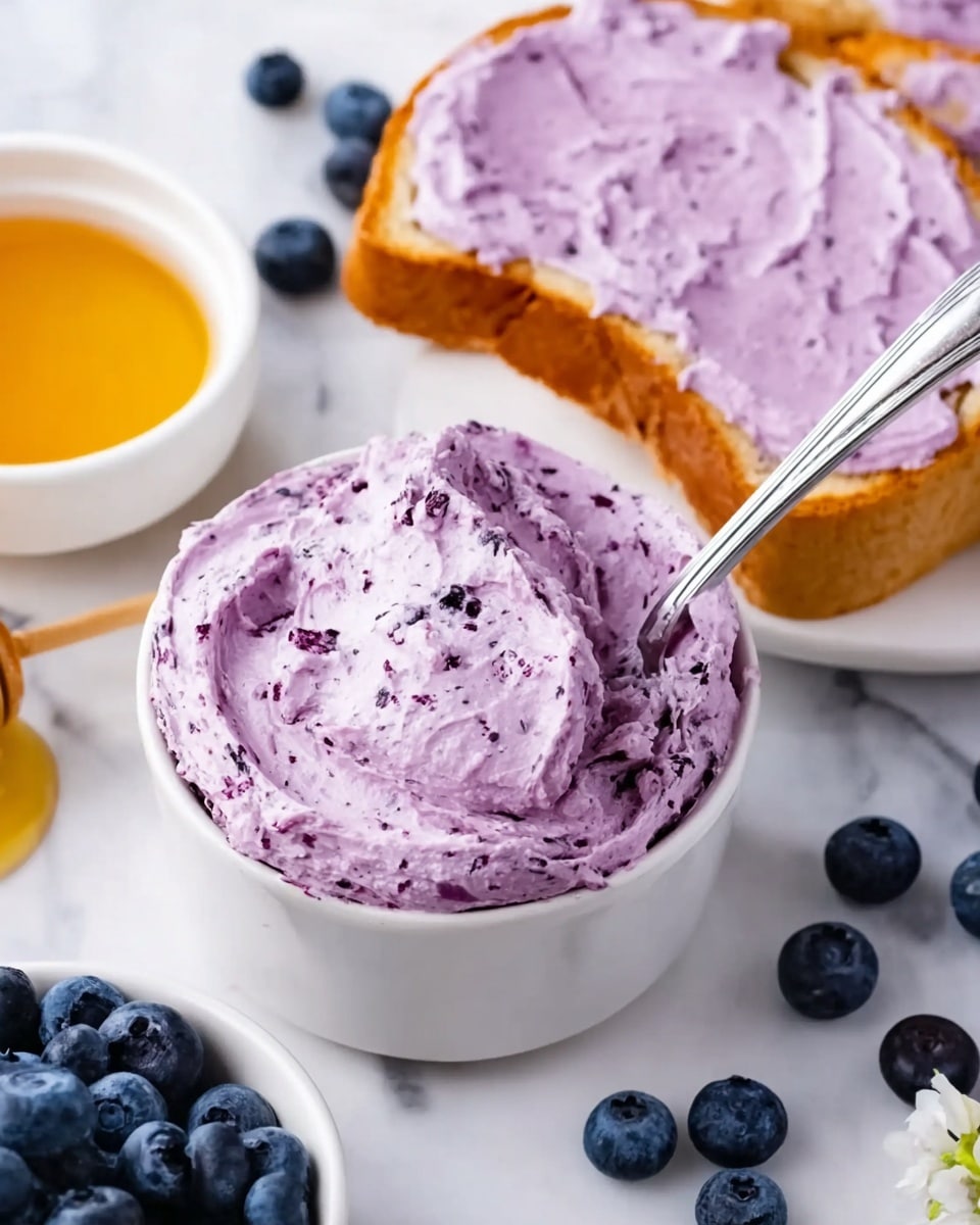 The image shows a white bowl filled with creamy light purple blueberry spread that has small dark blueberry bits throughout, with a small silver spoon resting inside. In the background, there are two slices of bread, each covered with a thick layer of the same purple spread. Around the bowl and bread, fresh whole blueberries are scattered on a white marbled surface, and to the left, there is a small white bowl filled with golden honey. The setting is bright and clean, focusing on the fresh and smooth texture of the spread. Photo taken with an iphone --ar 4:5 --v 7