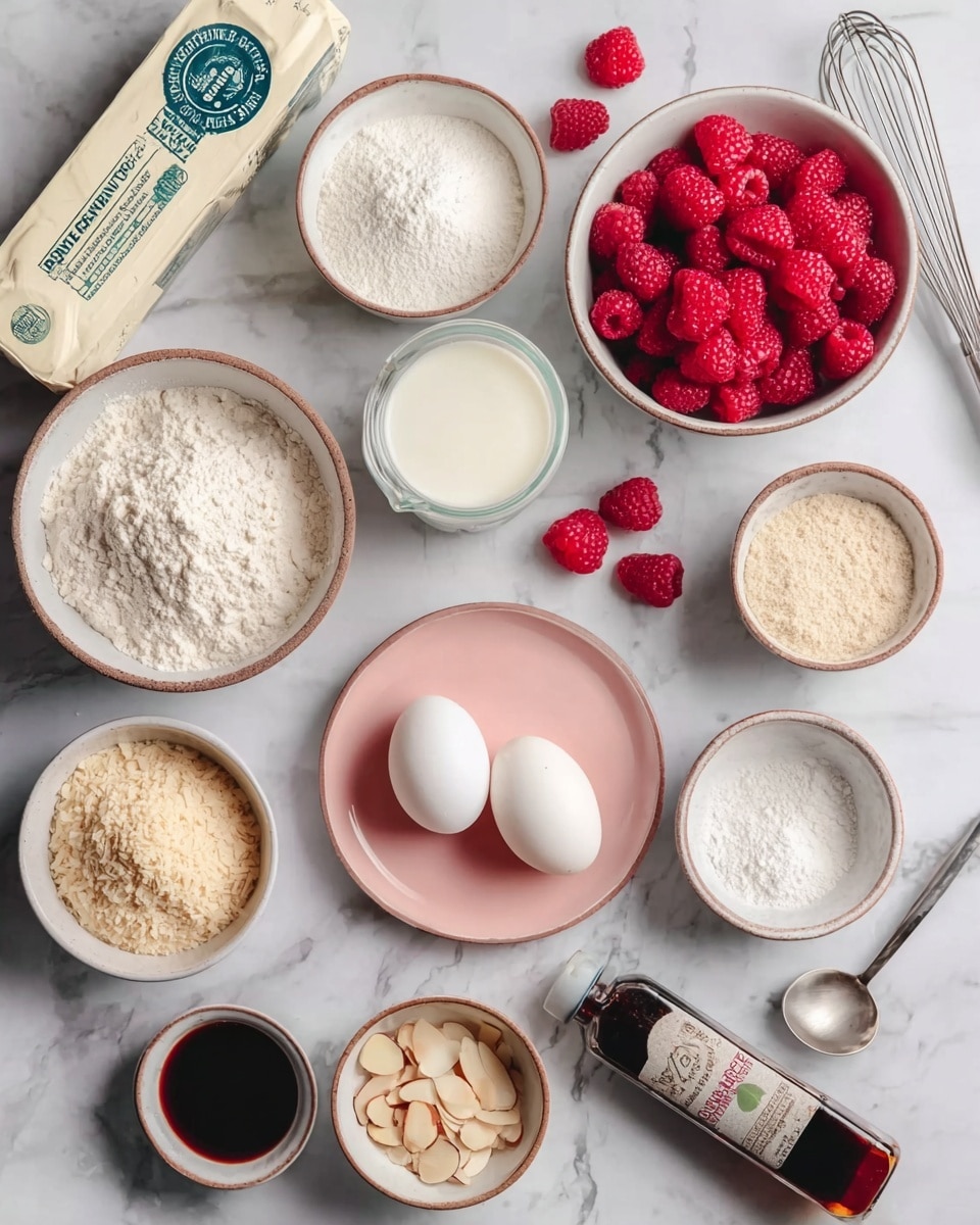 The image shows an overhead view of baking ingredients neatly arranged on a white marbled surface. There are seven white bowls with light brown rims: one filled with red raspberries on the top right, one with white flour to its bottom left, another with sugar below the flour, one with almond flour or ground almonds above the sugar, a small bowl with sliced almonds below the almond flour, and a smaller bowl on a blush pink plate holding two eggs and a white powder, likely baking powder or baking soda. There are also three loose raspberries scattered around and a bottle of almond extract beside the pink plate. A rectangular stick of butter wrapped in white and blue packaging is near the top, and a small glass of milk and a bowl with dark vanilla extract are on the top left. A woman's hand is holding a whisk slightly to the right, and a metal measuring spoon is laid near the butter. The overall setting is clean and bright with a focus on the raw ingredients. photo taken with an iphone --ar 4:5 --v 7