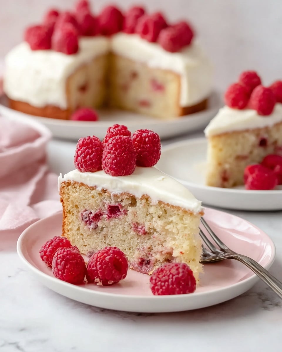 A slice of light golden cake with visible pieces of red raspberries inside, topped with a thick layer of smooth white frosting and a pile of fresh, bright red raspberries on top, sits on a white plate with a soft pink center. Another slice and the rest of the cake, also frosted and decorated with raspberries, are in the background on white plates. A silver fork is placed beside the pink-centered plate on a white marbled surface. photo taken with an iphone --ar 4:5 --v 7
