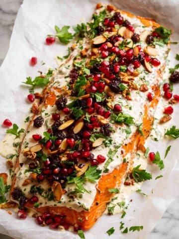 Christmas Baked Salmon with Creamy Dill Sauce, Cranberry-Orange Glaze, and Holiday Tapenade Recipe