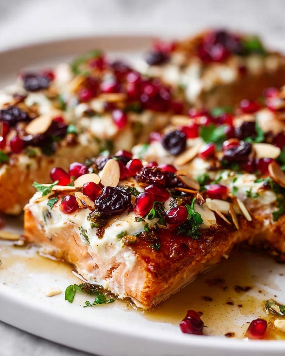 The image shows slices of a layered dish arranged on a white plate over a white marbled surface. The base layer is a golden brown crispy pastry with a slightly shiny texture from a sauce underneath it. On top of the pastry, there is a thick layer of creamy white cheese mixed with herbs, creating a smooth but slightly textured look. Scattered over the cheese are bright red pomegranate seeds and dark, round dried berries, adding bold pops of color. Thin slivers of pale almond slices are sprinkled across the whole dish. Bits of fresh green herbs are spread evenly on top, giving a fresh feel. The sauce at the bottom pools slightly around the pastry, adding a glossy golden touch. Photo taken with an iphone --ar 4:5 --v 7