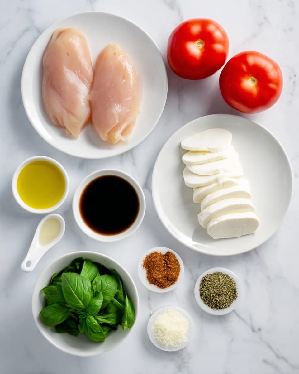 The image shows seven white plates and small containers arranged on a white marbled surface. On the top left plate, there are three raw chicken fillets with a pale pink color and smooth texture. To the right, a white plate holds eight slices of white mozzarella cheese arranged in a neat line. Below the mozzarella, two whole red tomatoes sit side by side, round and shiny. Between them and the chicken, a small white bowl is filled with fresh green basil leaves. Under the chicken, one spoon contains a dark brown liquid, another spoon next to it holds a light yellow oil, and a small pile of brown spice is on the marbled surface close to those spoons. On a white round plate near the center bottom, four piles of spices and ingredients are visible: minced beige garlic, white salt, green dried herbs, and a darker green spice scattered neatly. Photo taken with an iphone --ar 4:5 --v 7