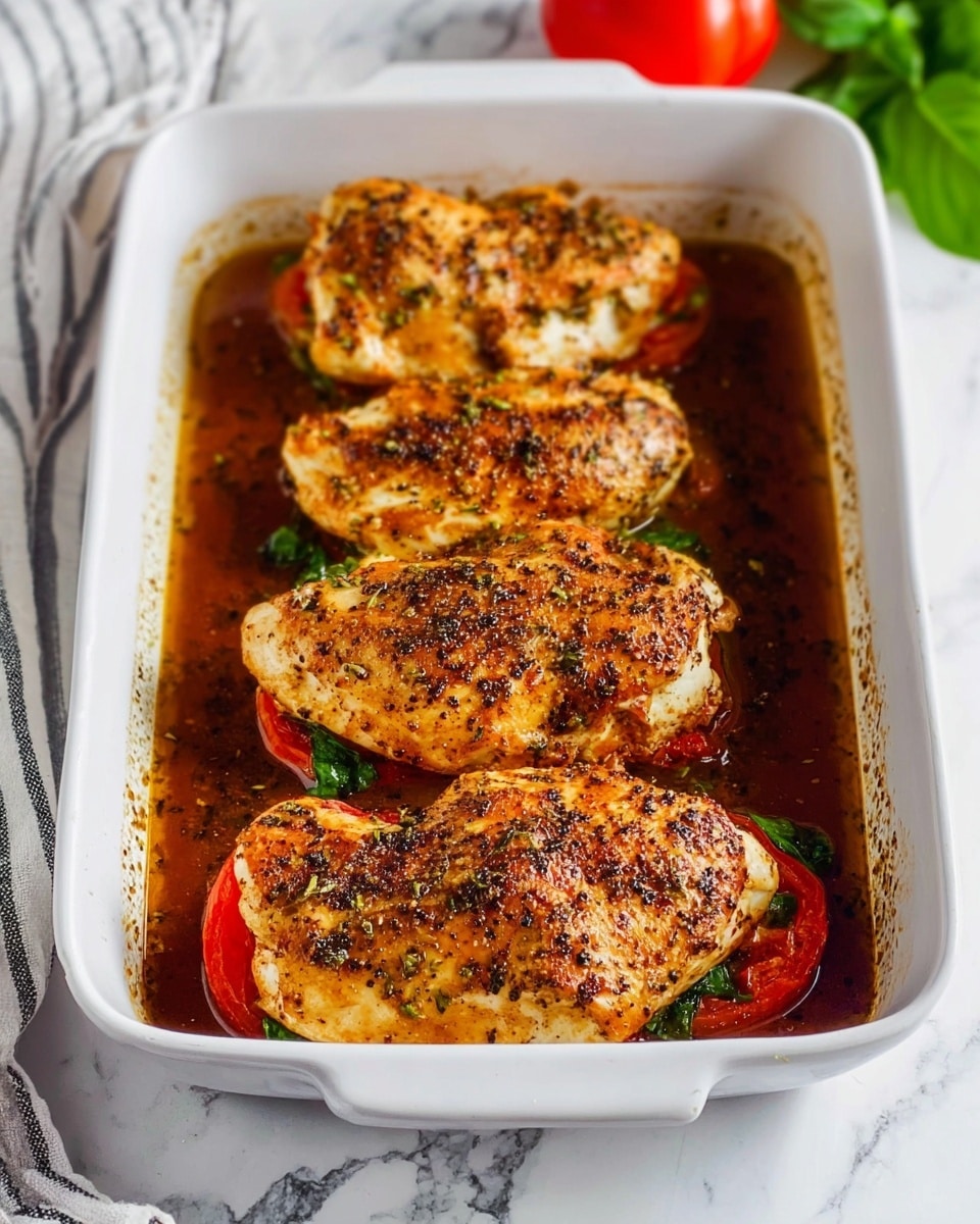 The image shows a white baking dish filled with four pieces of cooked chicken. Each piece of chicken is golden-brown with small dark spots of seasoning on top. The chicken pieces are placed side by side in a row, and under each chicken, there is a visible layer of red tomato slices and green spinach leaves, partially peeking out. The dish has a dark brown sauce covering the bottom of the baking dish, surrounding the chicken pieces. The background is a white marbled surface with a striped cloth on the left and a blurred red tomato and green leaves on the top right. photo taken with an iphone --ar 4:5 --v 7