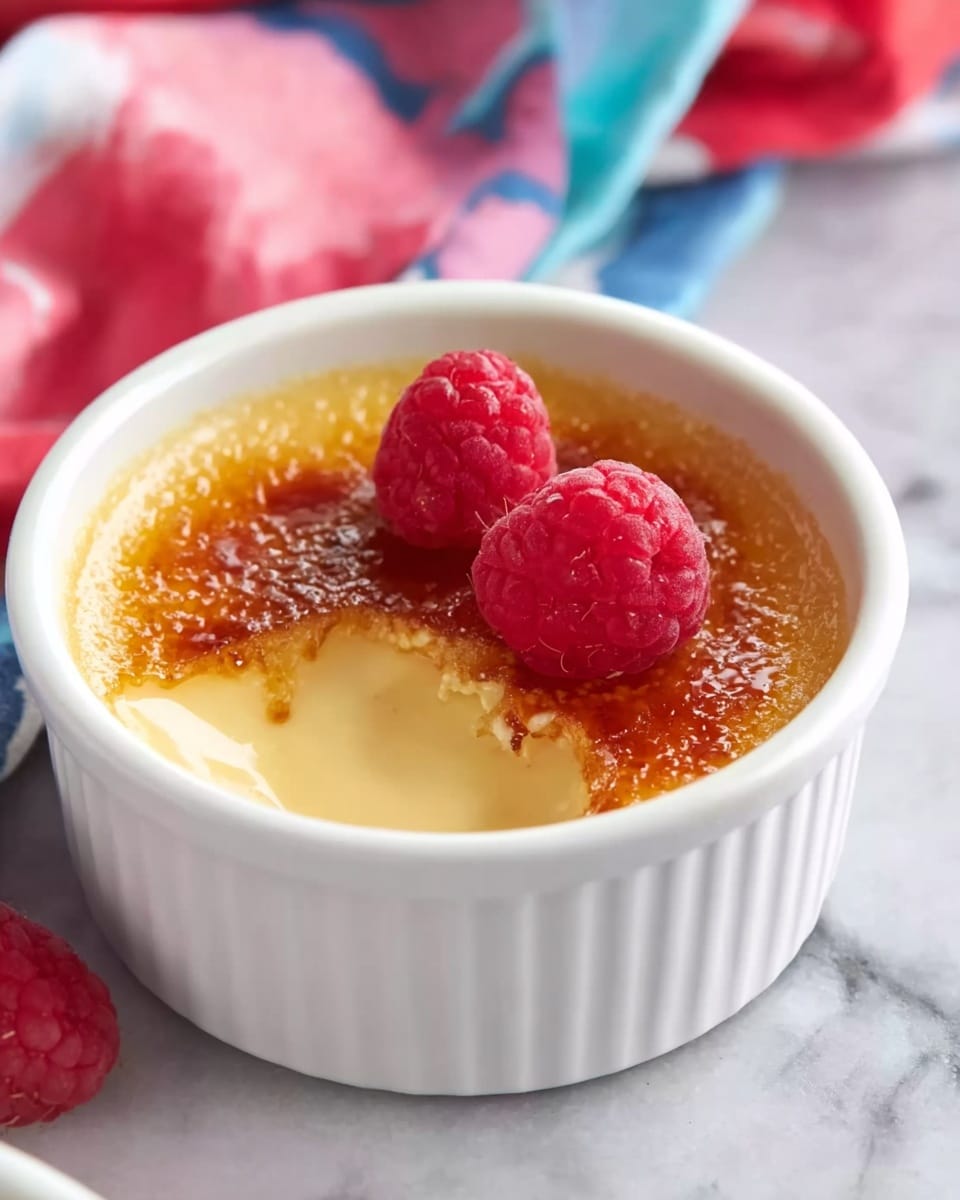 A white ramekin holds a creamy dessert with two distinct layers: a smooth, pale yellow custard fills the bottom half while a shiny, golden-brown caramelized sugar layer tops it, with a small section broken to reveal the custard beneath. Two fresh, bright red raspberries sit on top of the caramelized layer, adding vibrant color and texture. The ramekin rests on a white marbled surface, and a colorful fabric with red, pink, and blue patches appears blurred in the background. photo taken with an iphone --ar 4:5 --v 7