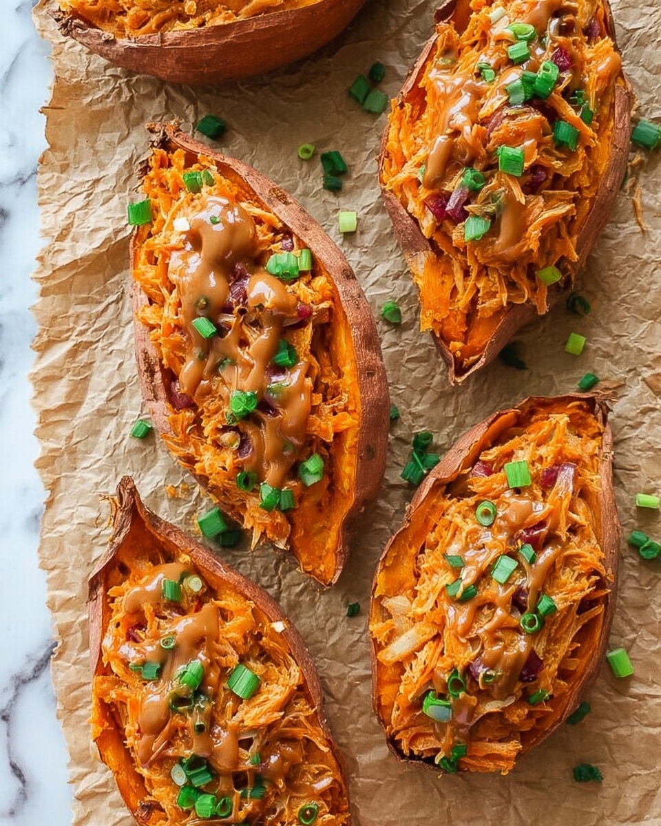 The image shows four baked sweet potato halves placed on crinkled brown parchment paper. Each sweet potato is filled with a shredded orange filling mixed with bits of red and white, suggesting a cooked mixture, topped with a smooth brown sauce drizzled unevenly over the filling. Bright green chopped herbs and scallions are sprinkled on top, adding pops of green against the warm orange and brown colors. The skin of the sweet potatoes is visible around the edges, and the surface beneath the parchment paper is a white marbled texture. photo taken with an iphone --ar 4:5 --v 7