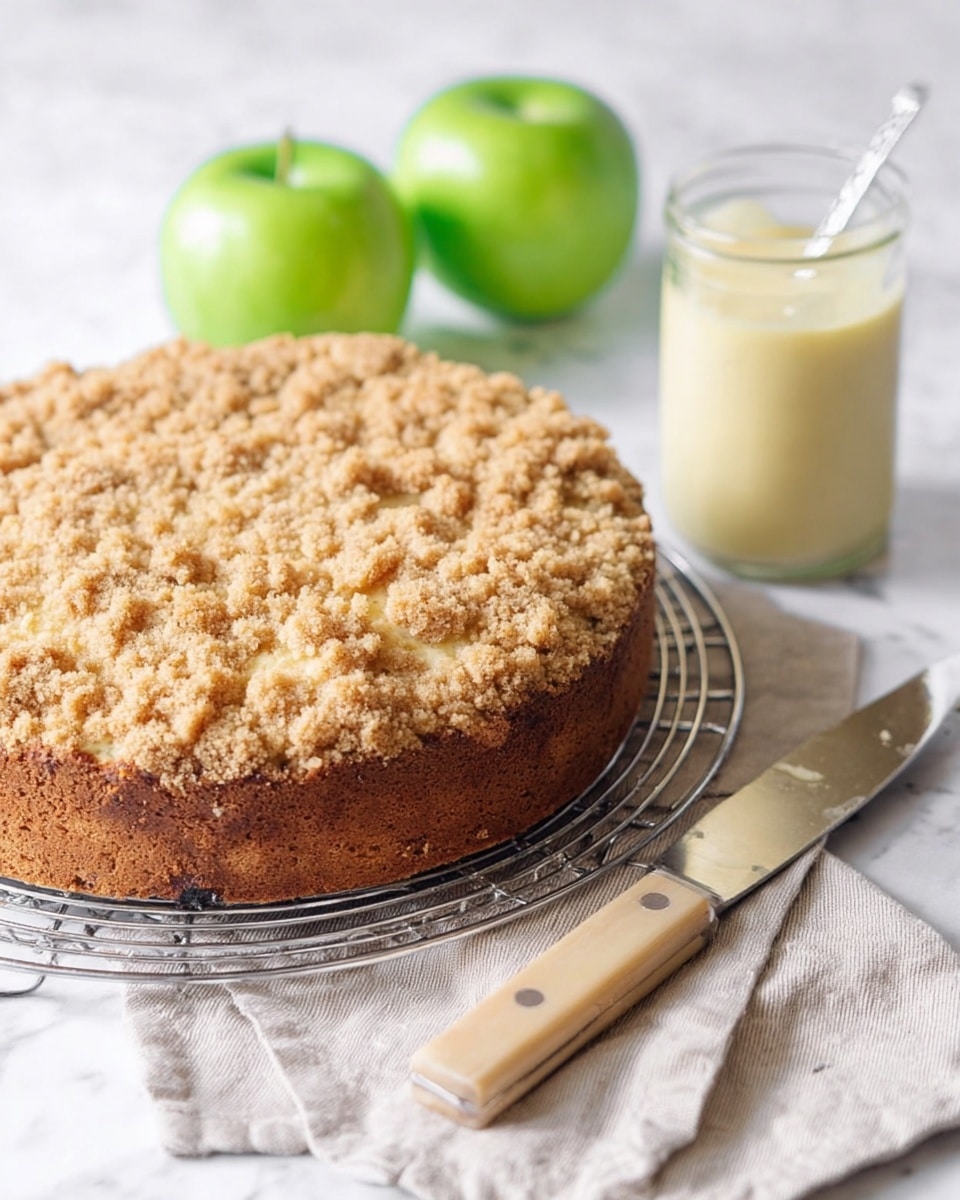 A round crumb cake with a thick, golden brown bottom layer and a light tan crumb topping that looks soft and slightly crunchy is placed on a cooling rack. Behind the cake, two green apples add a fresh touch with their smooth, shiny skin. To the right, a small clear glass jar filled with creamy pale yellow sauce holds a spoon inside. In front, a knife with a light wooden handle and a silver fork rest on a light beige cloth, all placed on a white marbled textured surface. photo taken with an iphone --ar 4:5 --v 7