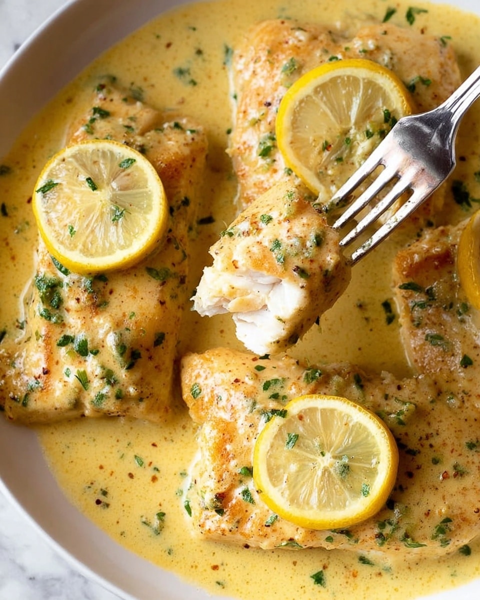 The image shows several pieces of light golden fish fillets covered in a creamy yellow sauce with small green herb bits sprinkled on top. Each fish fillet is topped with a thin lemon slice, adding a fresh yellow color contrast. The sauce has a smooth, slightly thick texture that surrounds and partly covers the fish, pooling gently around the edges. A silver fork is seen lifting one piece of fish, showing the soft, flaky texture beneath the sauce. The whole dish is set against a white marbled surface. photo taken with an iphone --ar 4:5 --v 7