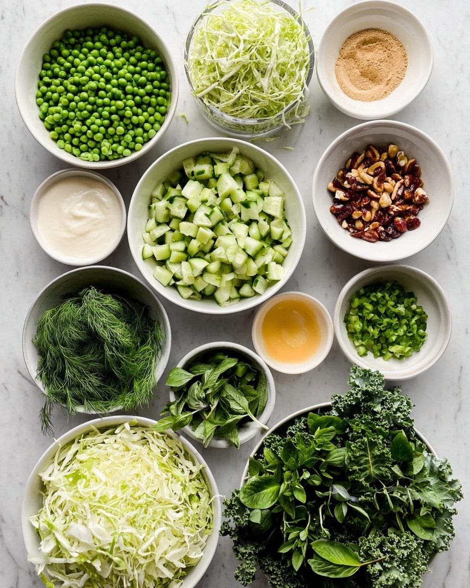 A top view of many small white bowls on a white marbled surface, each holding different fresh ingredients; one bowl is full of bright green peas, another has pale green cabbage shredded thinly, a bowl with medium green chopped cucumber pieces, and a bowl with dark green curly kale leaves. There is a bowl filled with a mix of leafy green herbs including dill and basil, a bowl with chopped small green onions, and another with chopped dark green herbs. One bowl contains reddish-brown nuts, and there are bowls with creamy white sauce, pale yellow and light brown liquids, and light brown powder. The arrangement is neat and colorful, showing fresh and healthy raw ingredients photo taken with an iphone --ar 4:5 --v 7