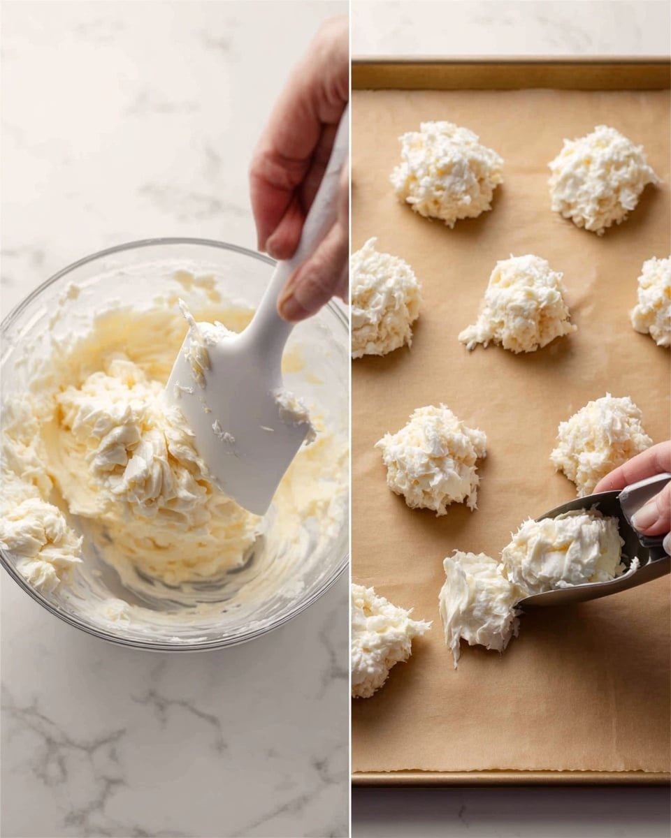 The image shows two side-by-side scenes. On the left, a white spatula held by a woman's hand is mixing a creamy white and light beige batter in a clear glass bowl. The batter has a fluffy texture with thick white dollops and light beige bits mixed together. On the right, small scoops of the same batter in rough round shapes are placed evenly on a baking tray lined with beige parchment paper. A metal scoop held by a woman's hand is releasing one of the scoops onto the tray. The background is a white marbled surface. photo taken with an iphone --ar 4:5 --v 7