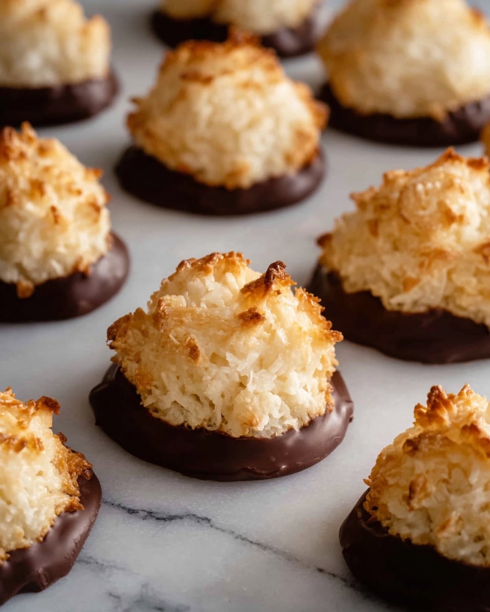 The image shows several small, round cookies with two clear layers. The bottom layer is dark brown melted chocolate that forms a flat base. On top, there is a fluffy, uneven dome of light tan coconut macaroon with a rough texture and slightly browned tips. The cookies sit on a white marbled surface, arranged in rows with soft lighting highlighting their texture. photo taken with an iphone --ar 4:5 --v 7